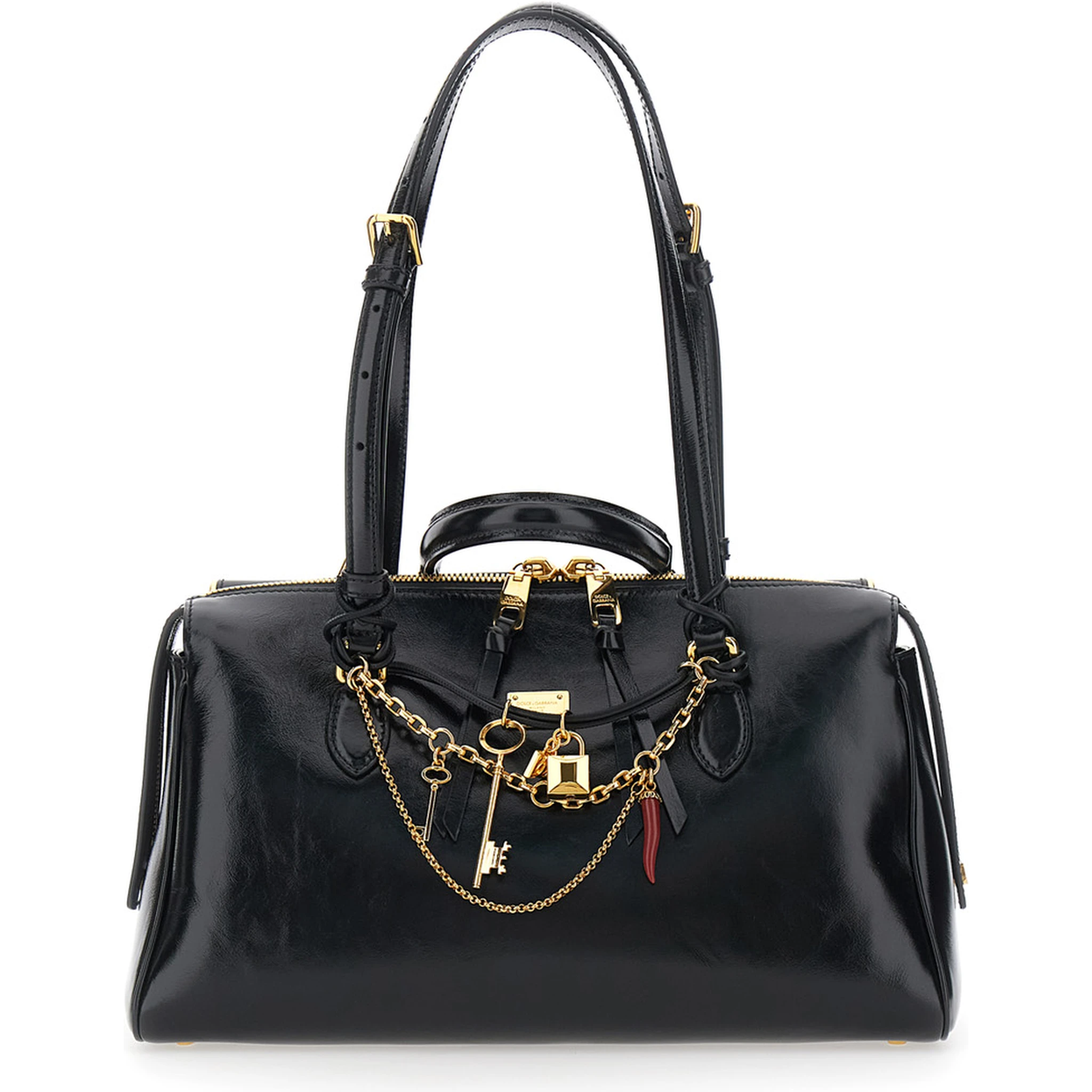 Vittoria Black Shoulder Bag with Chain Detail and Charms on the Front in Leather Woman