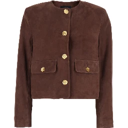 Lorenne Brown Jacket with Round Neck and Front Patch Pockets in Suede Woman