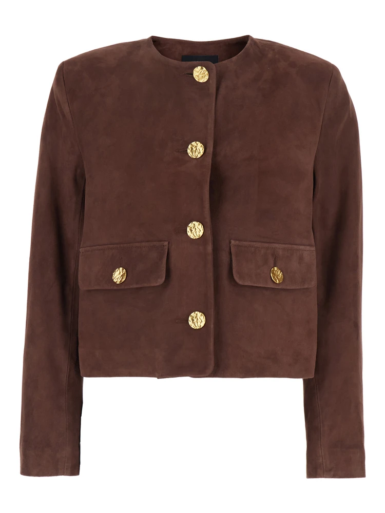 Lorenne Brown Jacket with Round Neck and Front Patch Pockets in Suede Woman