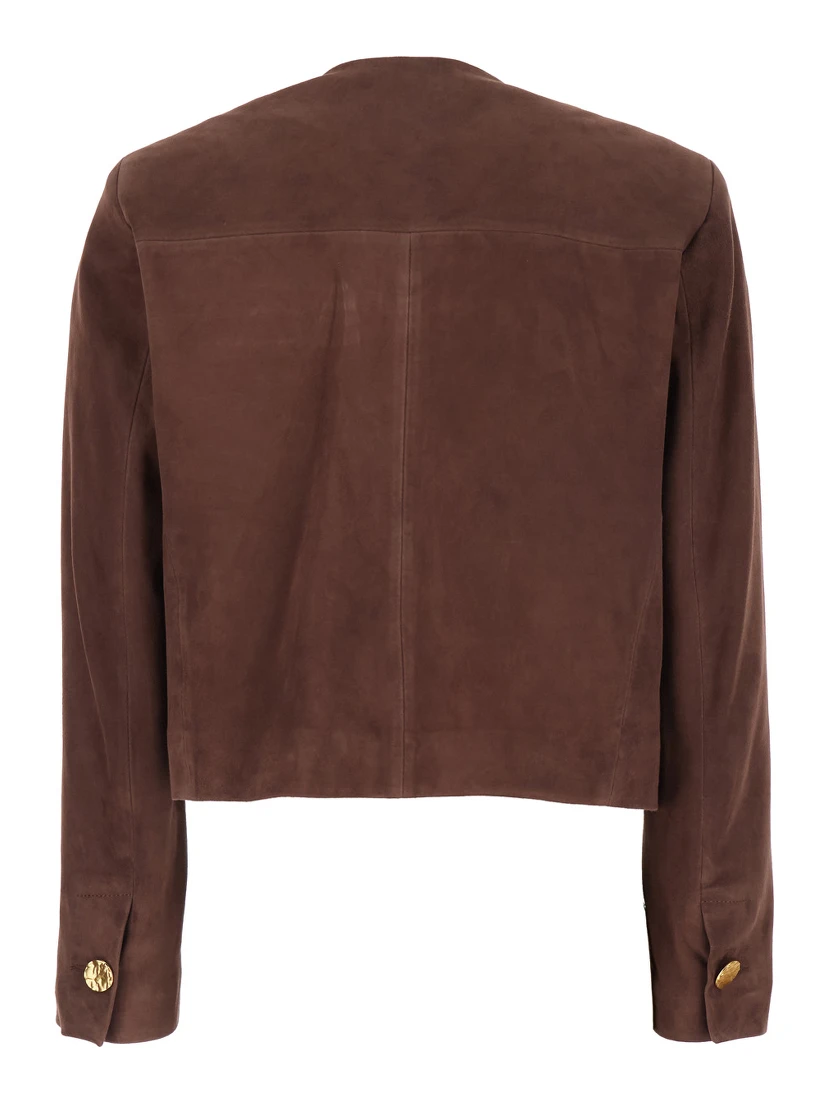 Lorenne Brown Jacket with Round Neck and Front Patch Pockets in Suede Woman