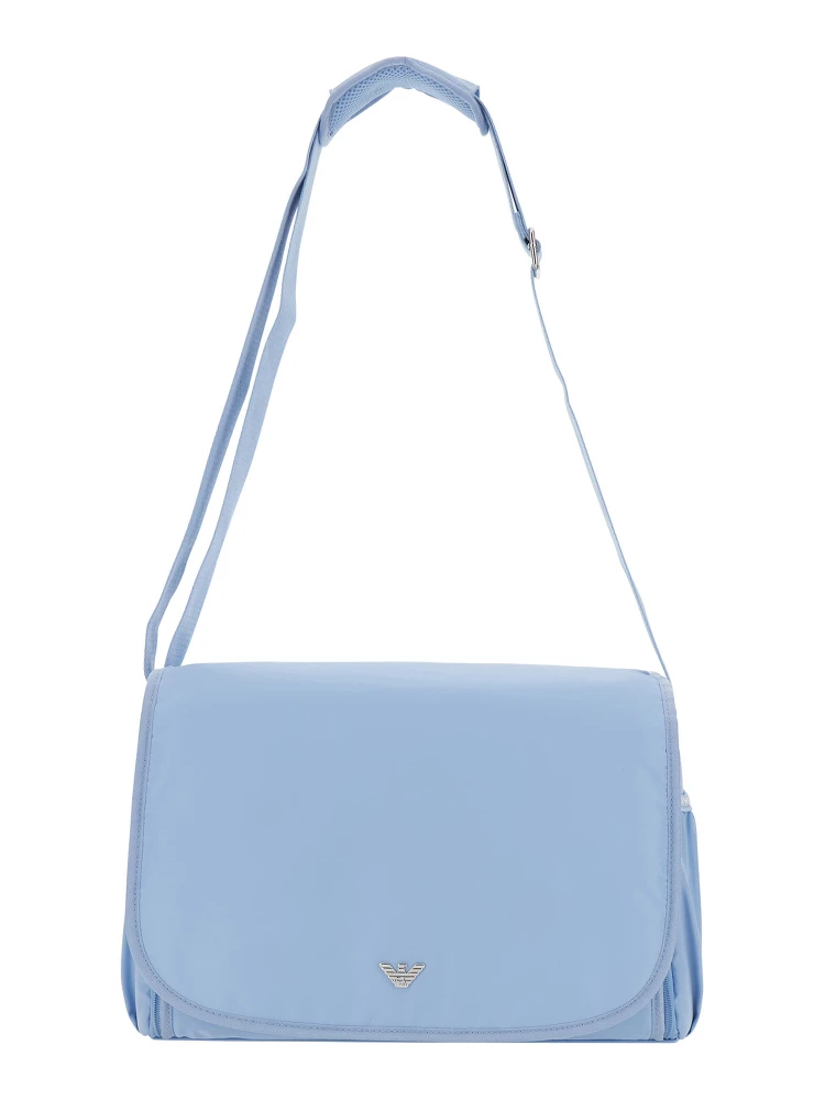 Light Blue Crossbody Changing Bag with Adjustable Shoulder Strap and Logo Plaque on the Front in Tech Fabric Baby