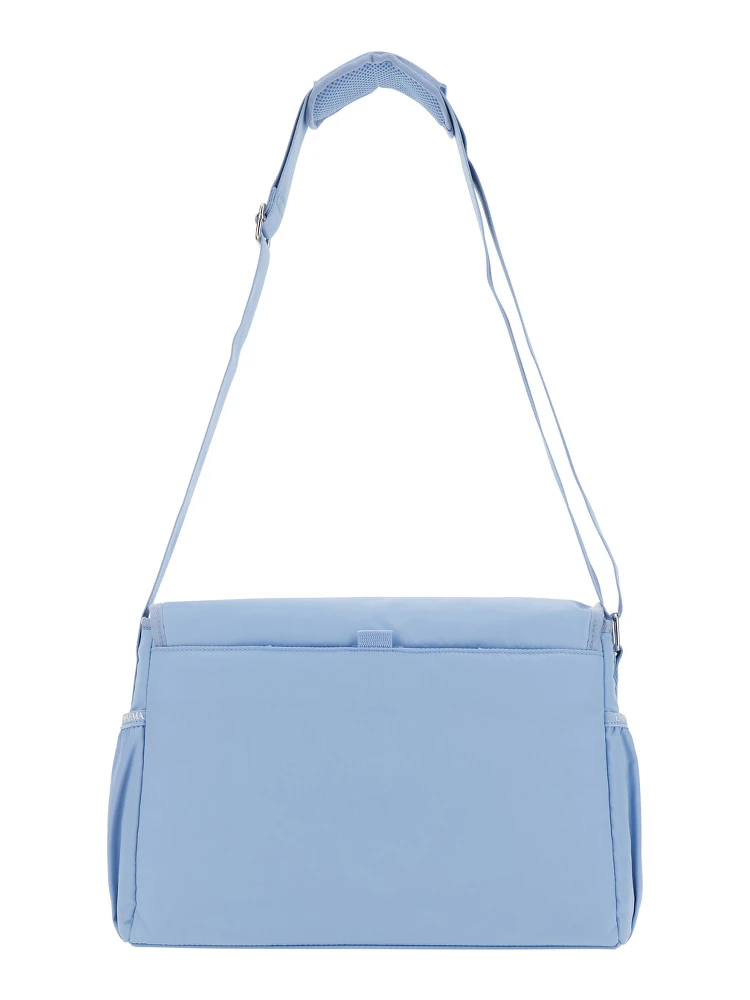 Light Blue Crossbody Changing Bag with Adjustable Shoulder Strap and Logo Plaque on the Front in Tech Fabric Baby alternative
