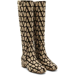 Beige Canvas High Heel Boots