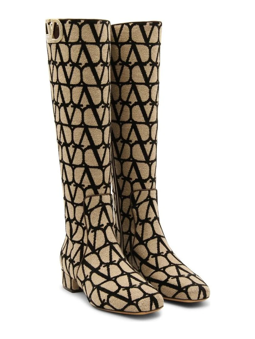 Beige Canvas High Heel Boots