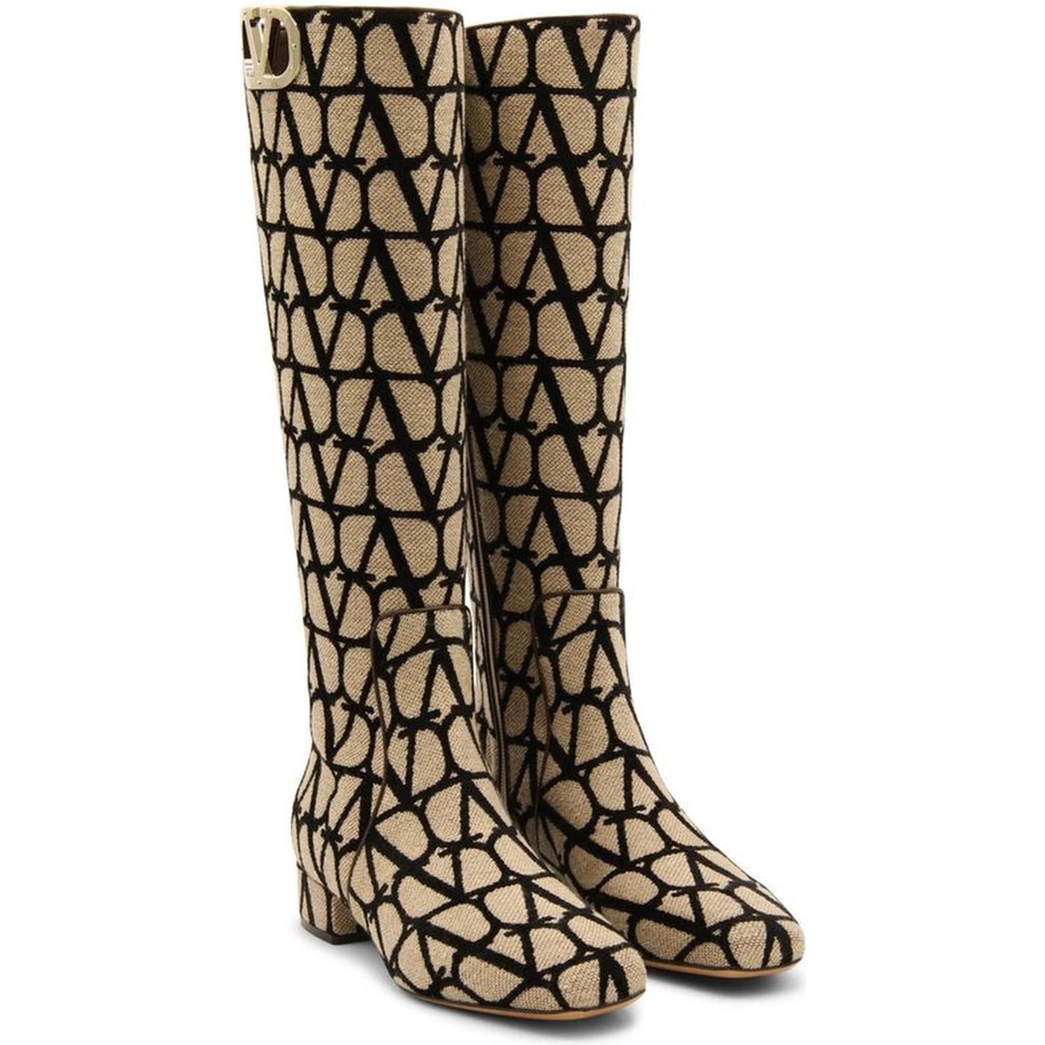 Beige Canvas High Heel Boots