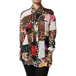 Multicolor Patchwork Silk CollaredBlouse Top