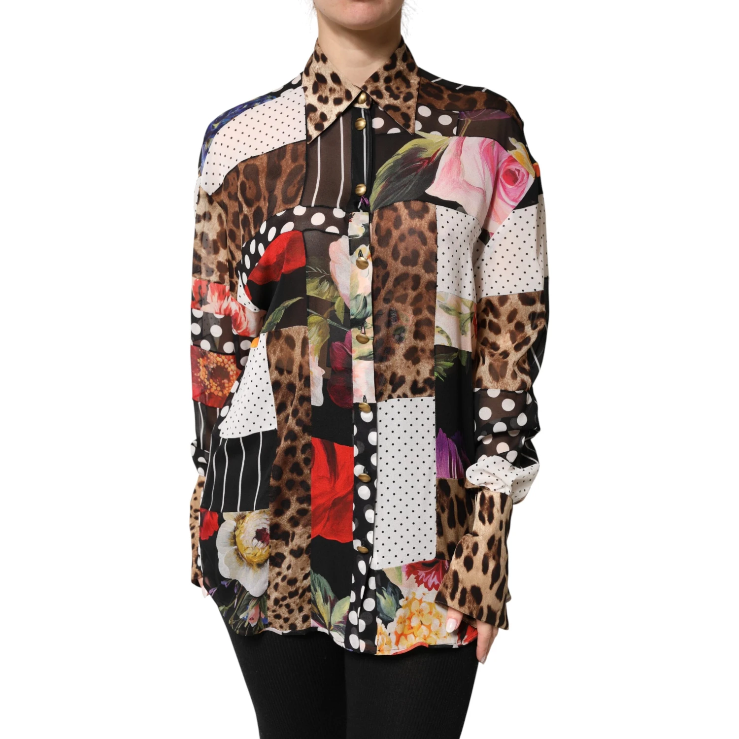 Multicolor Patchwork Silk CollaredBlouse Top