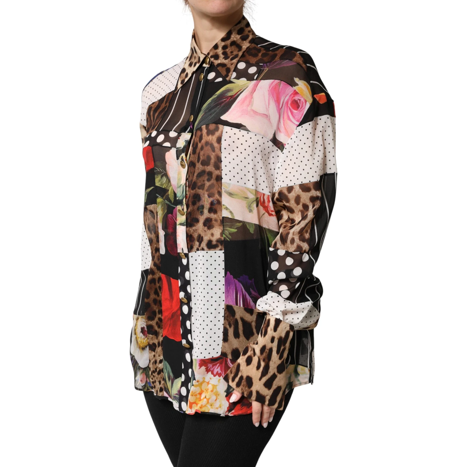 Multicolor Patchwork Silk CollaredBlouse Top