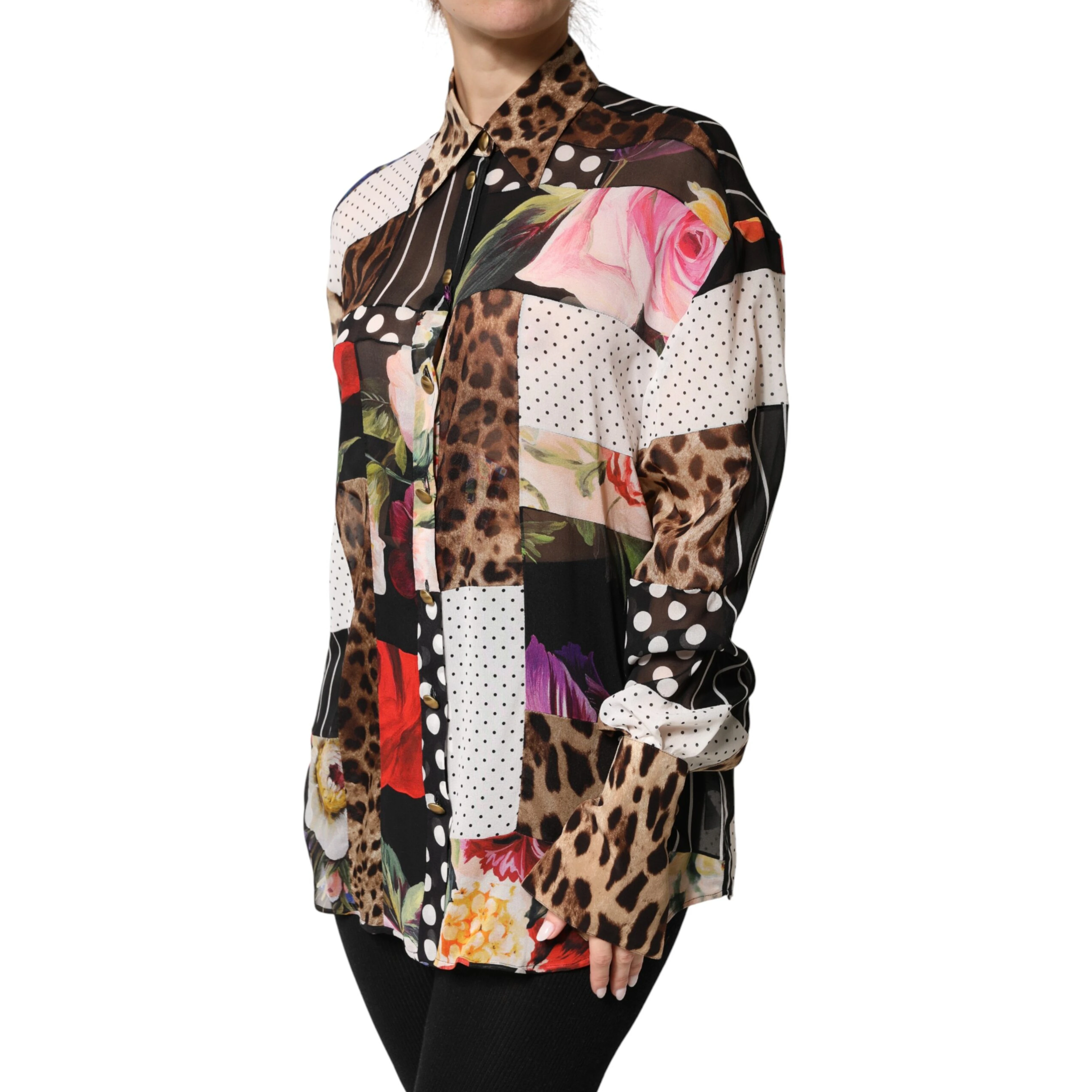 Multicolor Patchwork Silk CollaredBlouse Top