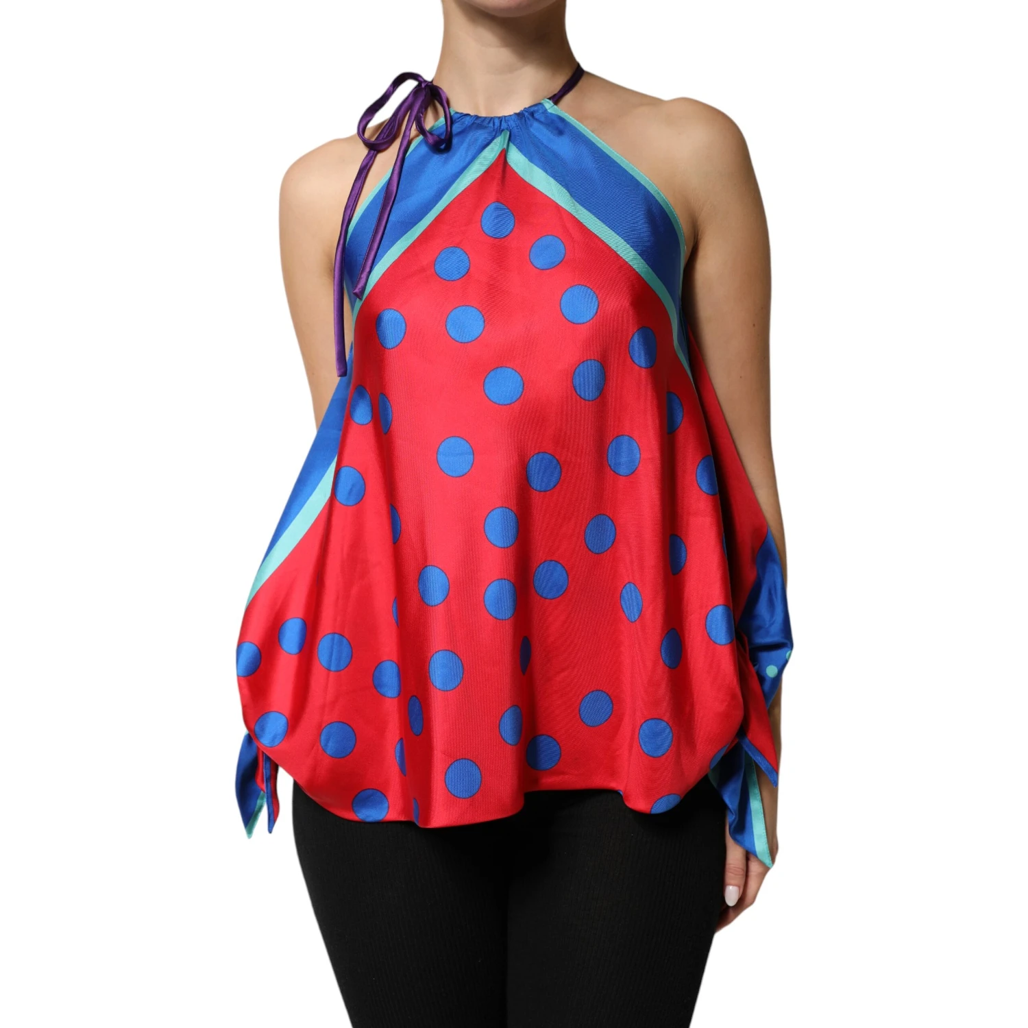 Multicolor Polka Dot Tie Halter Blouse  Top