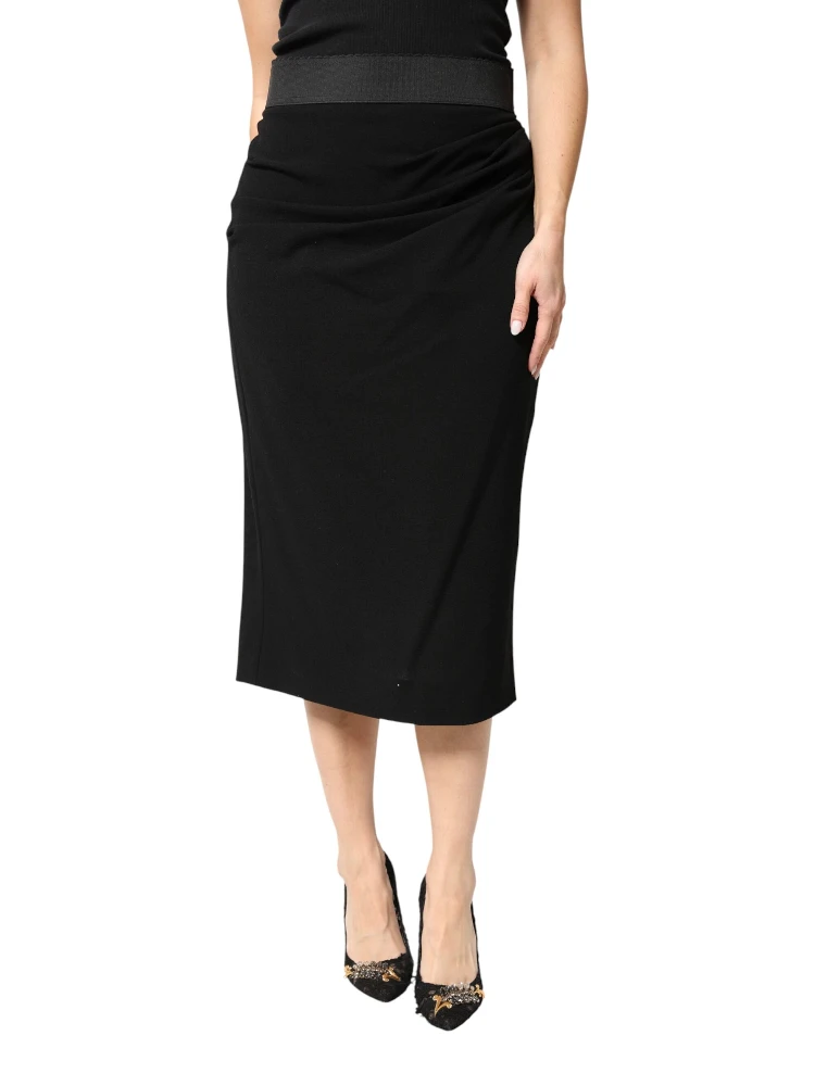 Black Wool High Waist Pencil Cut Midi Skirt
