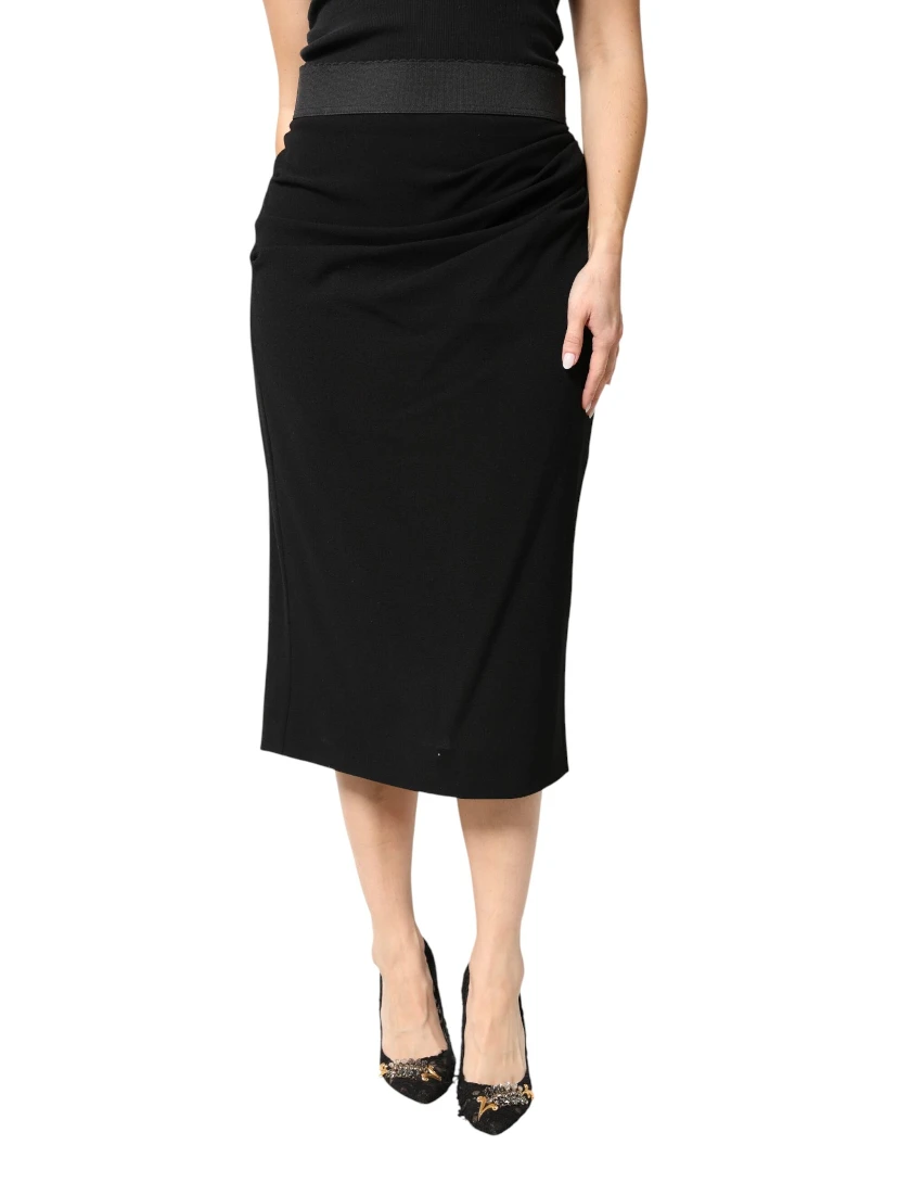 Black Wool High Waist Pencil Cut Midi Skirt