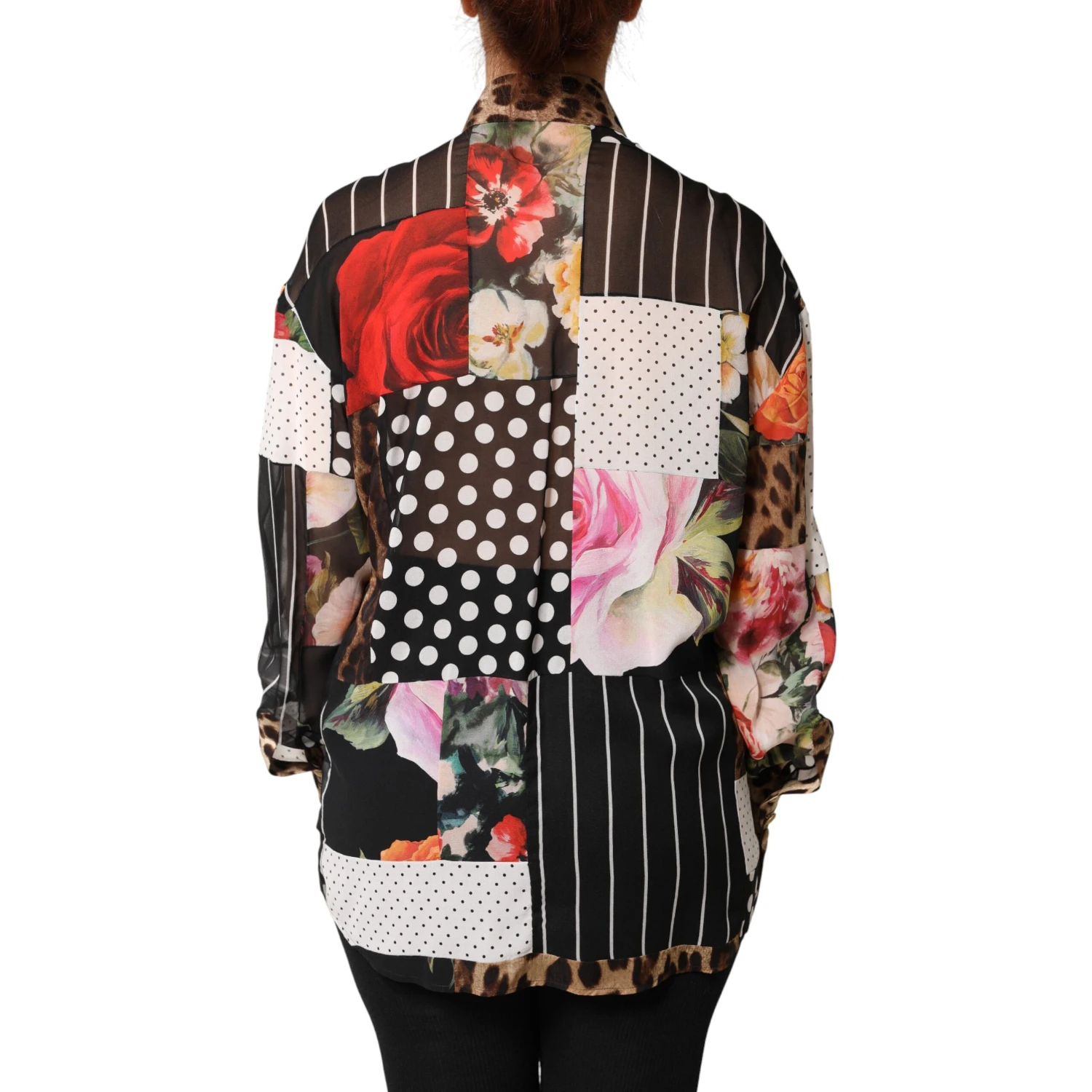 Multicolor Patchwork Silk CollaredBlouse Top