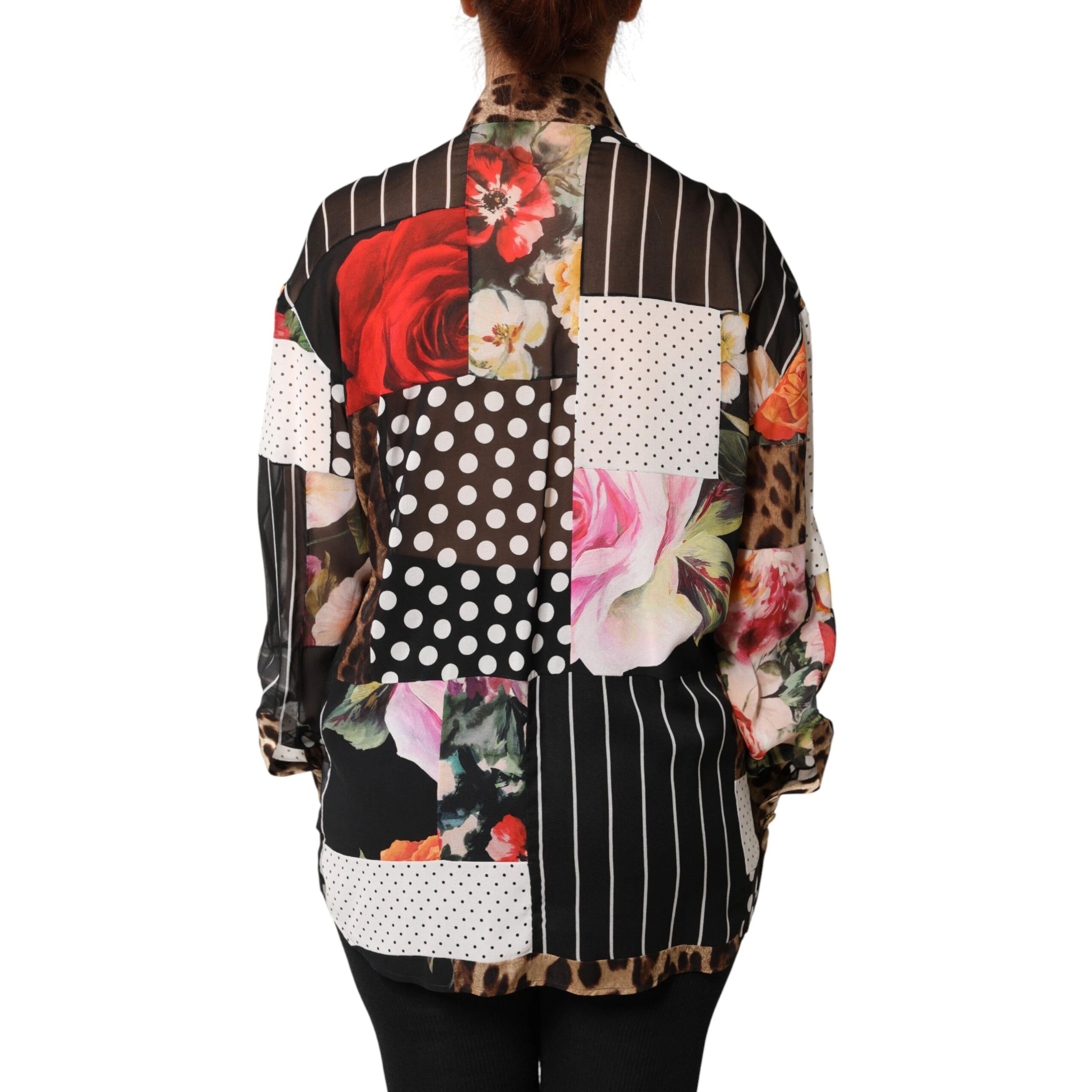 Multicolor Patchwork Silk CollaredBlouse Top