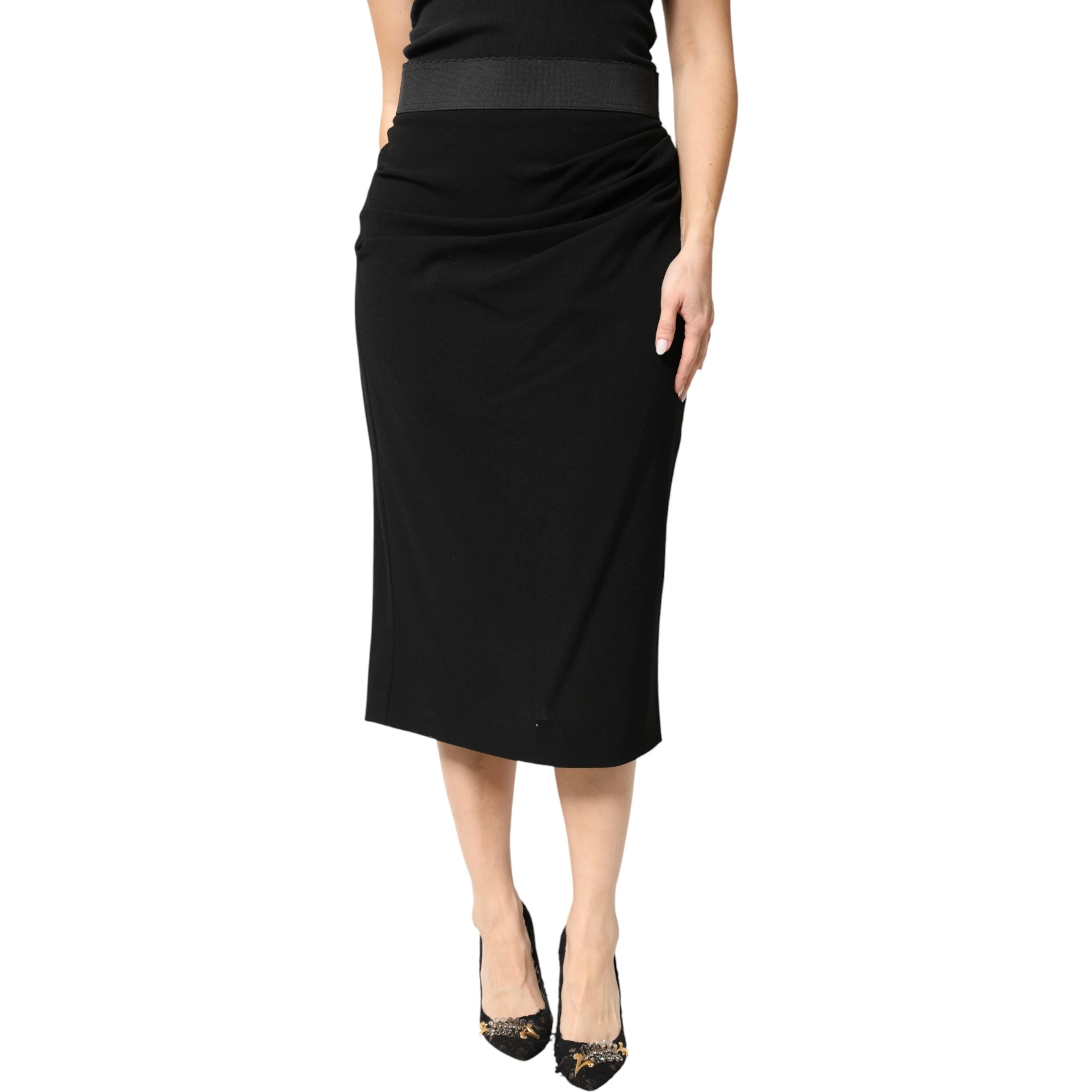 Black Wool High Waist Pencil Cut Midi Skirt