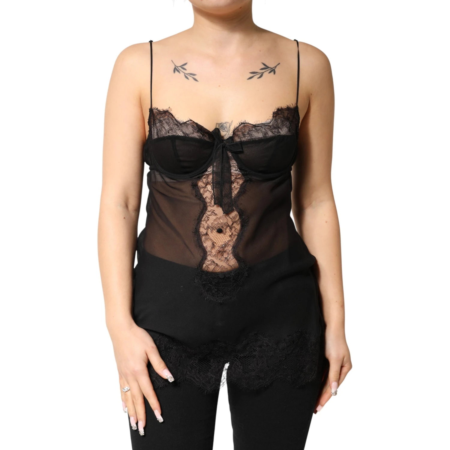 Black Silk Floral Lace Chemise Lingerie Top