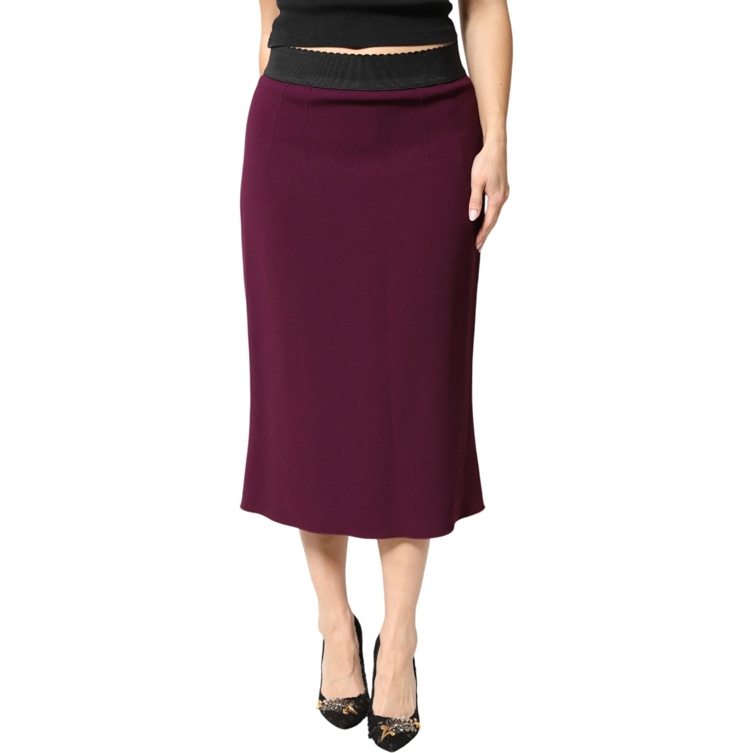 Maroon Mid Waist Pencil Cut Midi Skirt
