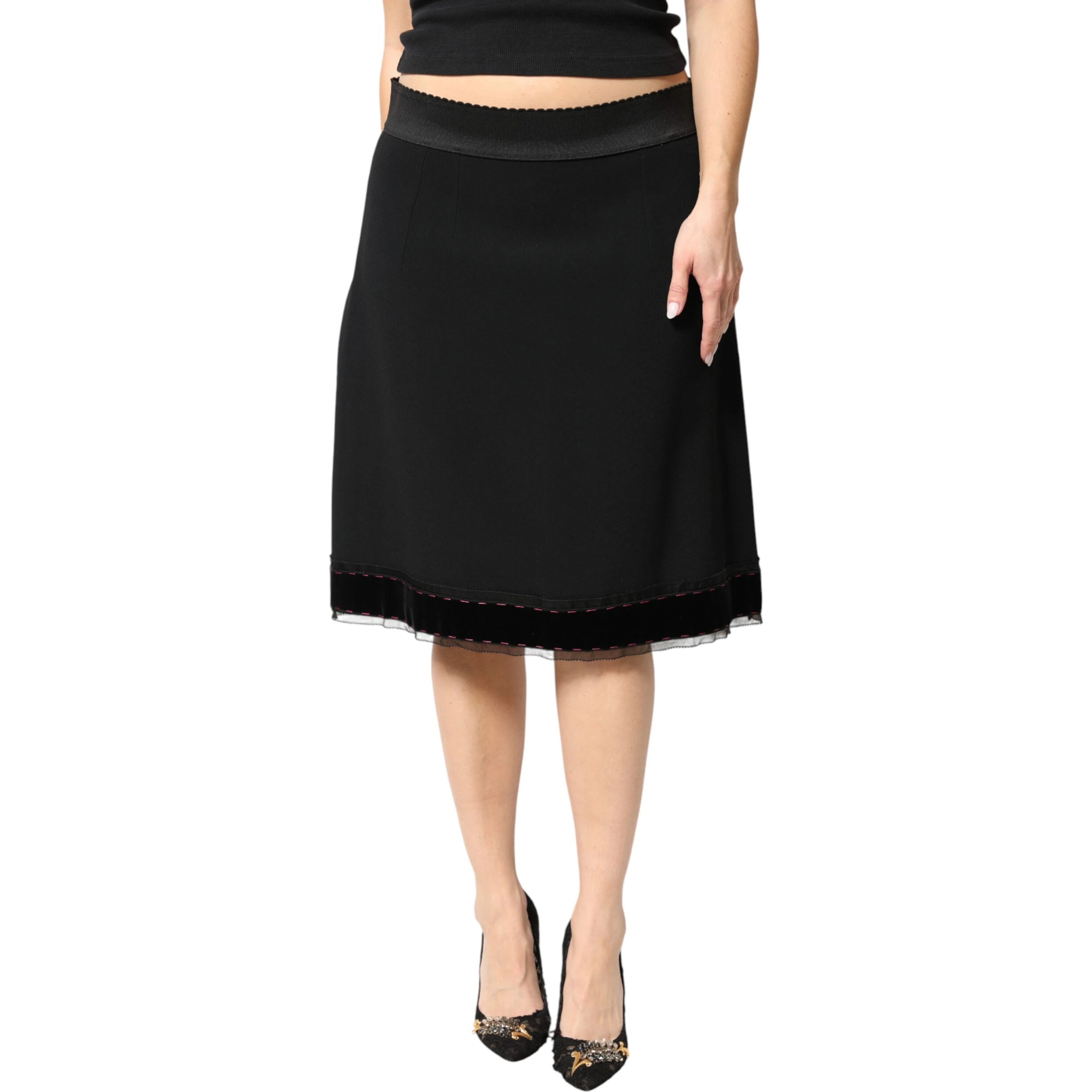 Black Mid Waist A-line Knee Length Skirt