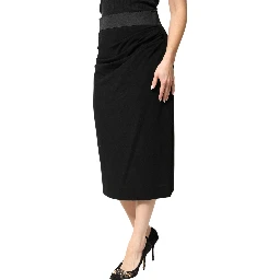 Black Wool High Waist Pencil Cut Midi Skirt