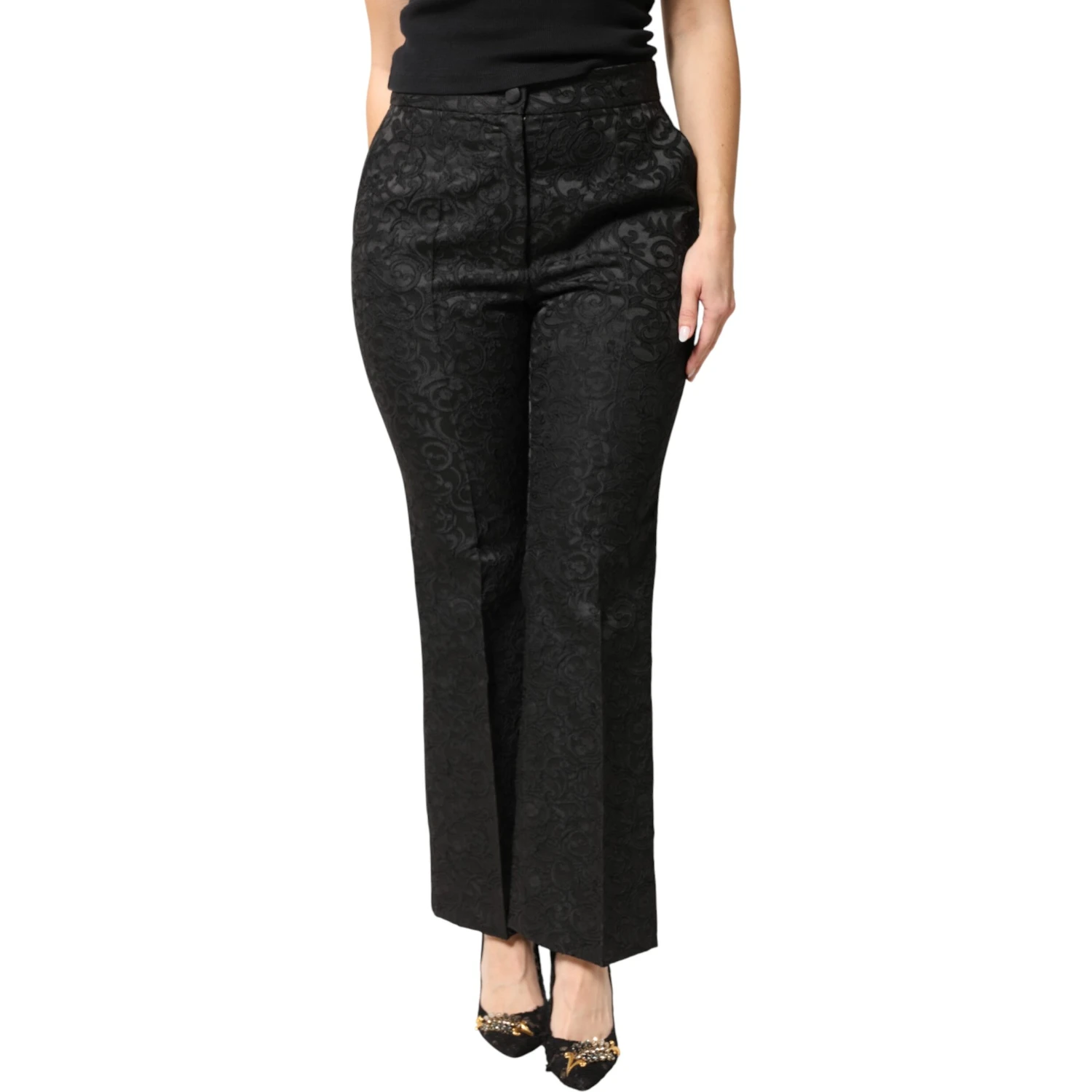 Black Floral Brocade High Waisted Trouser Pants