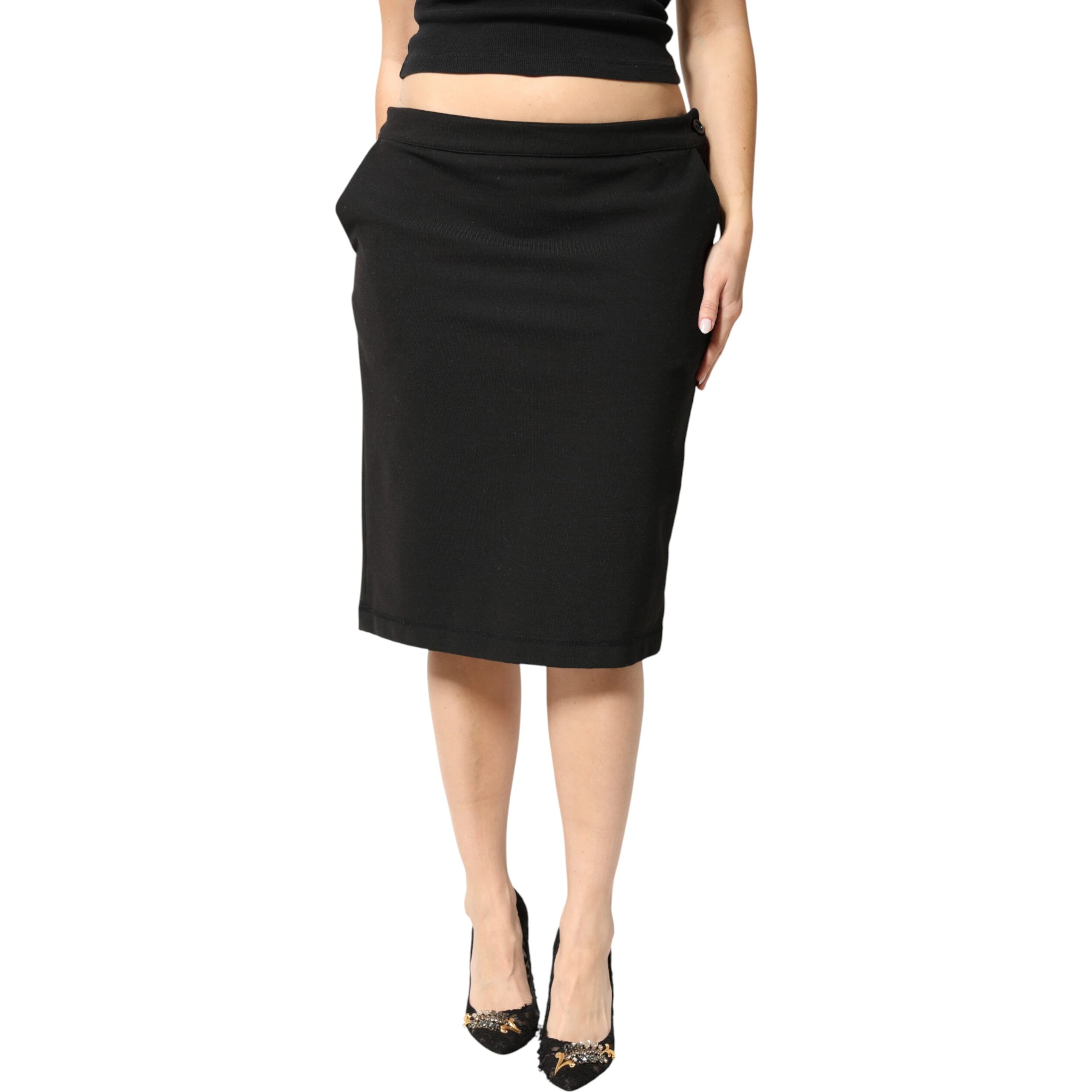 Black Polyester Pencil Cut Knee Length Women Skirt