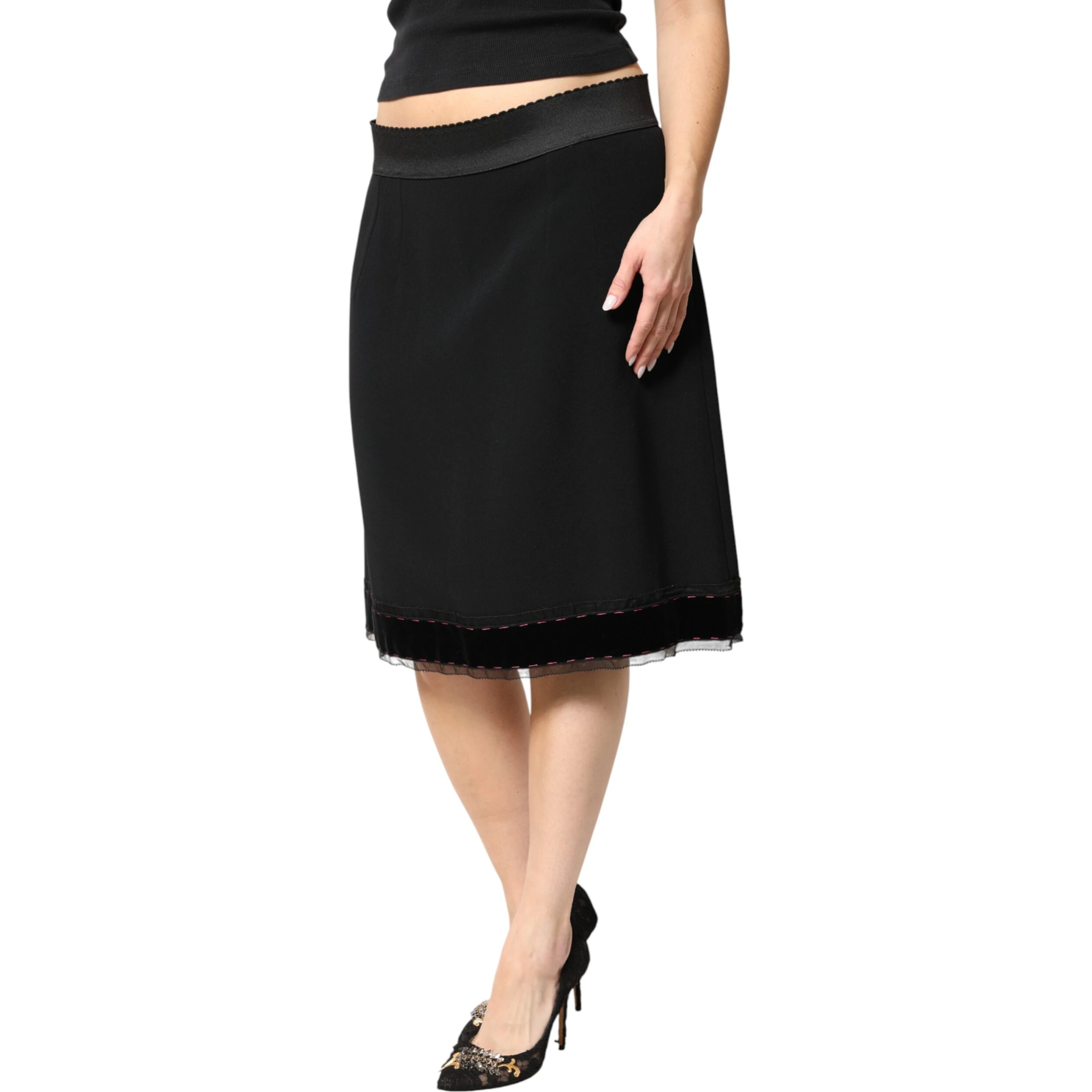 Black Mid Waist A-line Knee Length Skirt