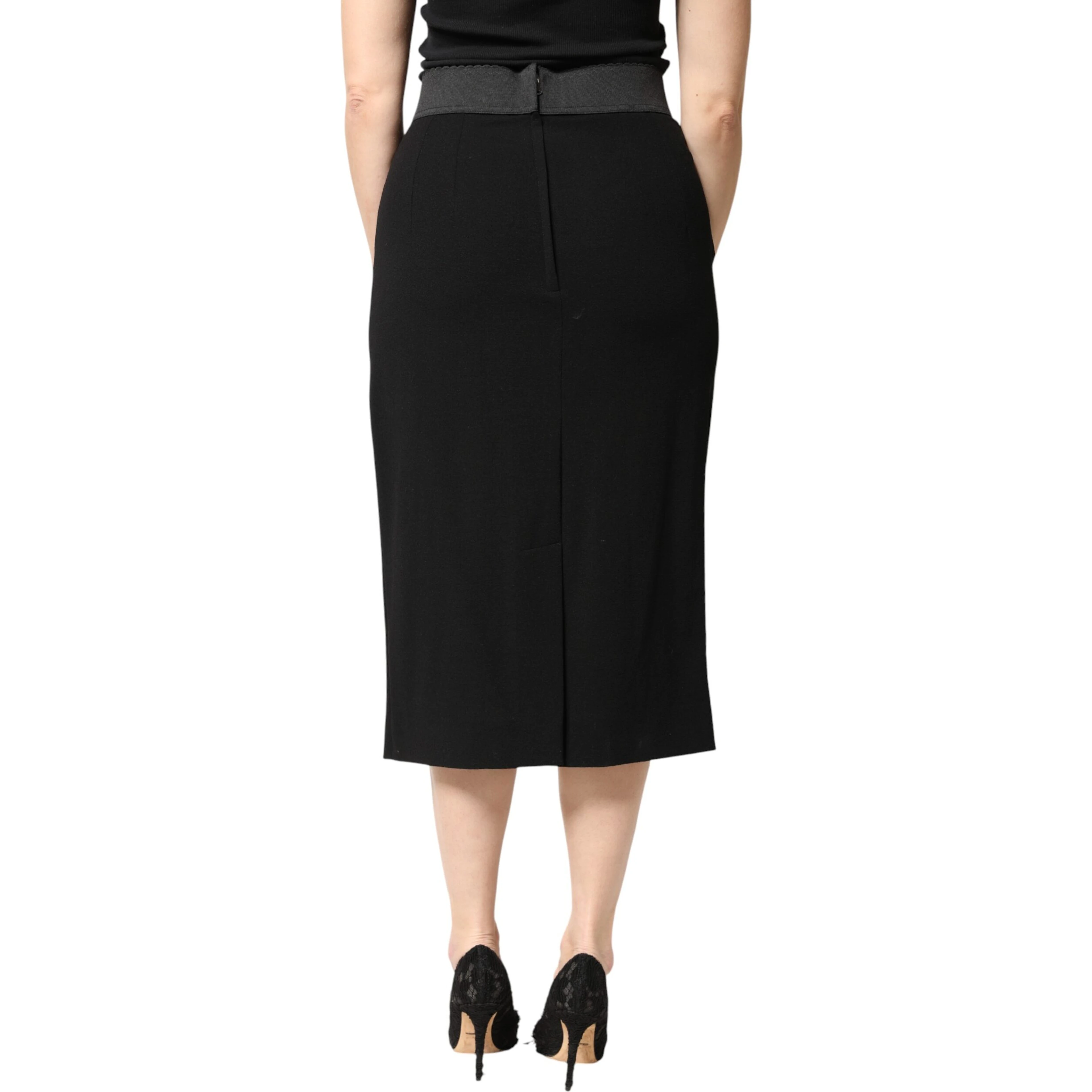 Black Wool High Waist Pencil Cut Midi Skirt