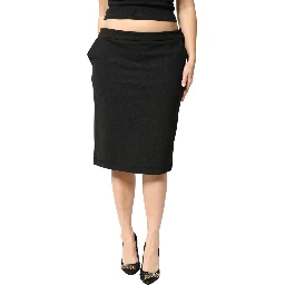 Black Polyester Pencil Cut Knee Length Women Skirt