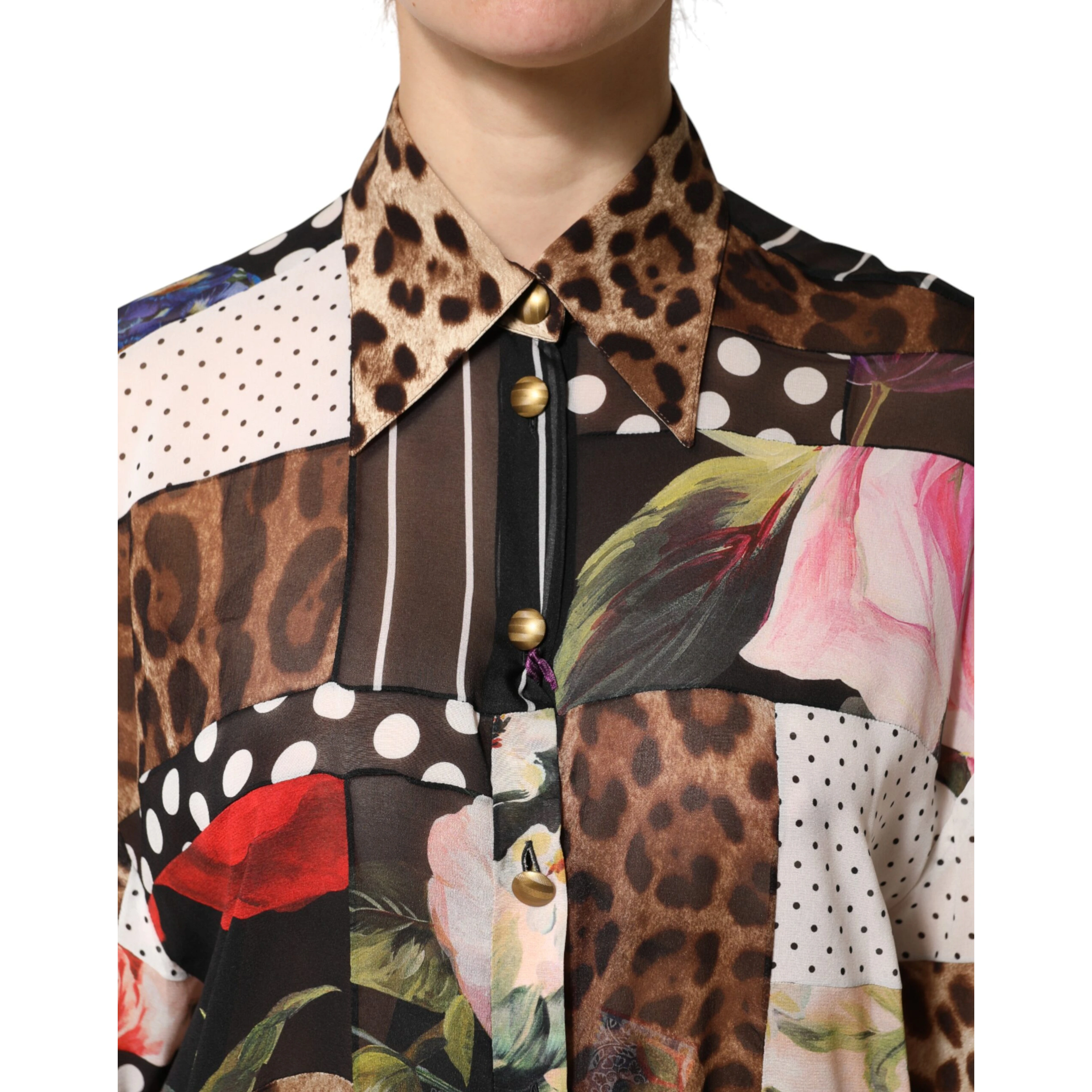 Multicolor Patchwork Silk CollaredBlouse Top