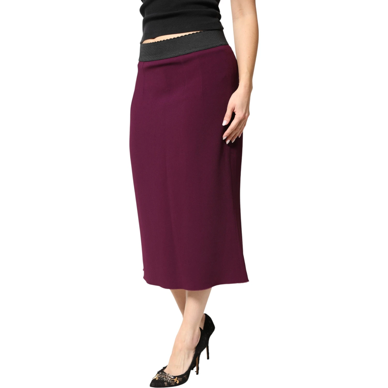 Maroon Mid Waist Pencil Cut Midi Skirt