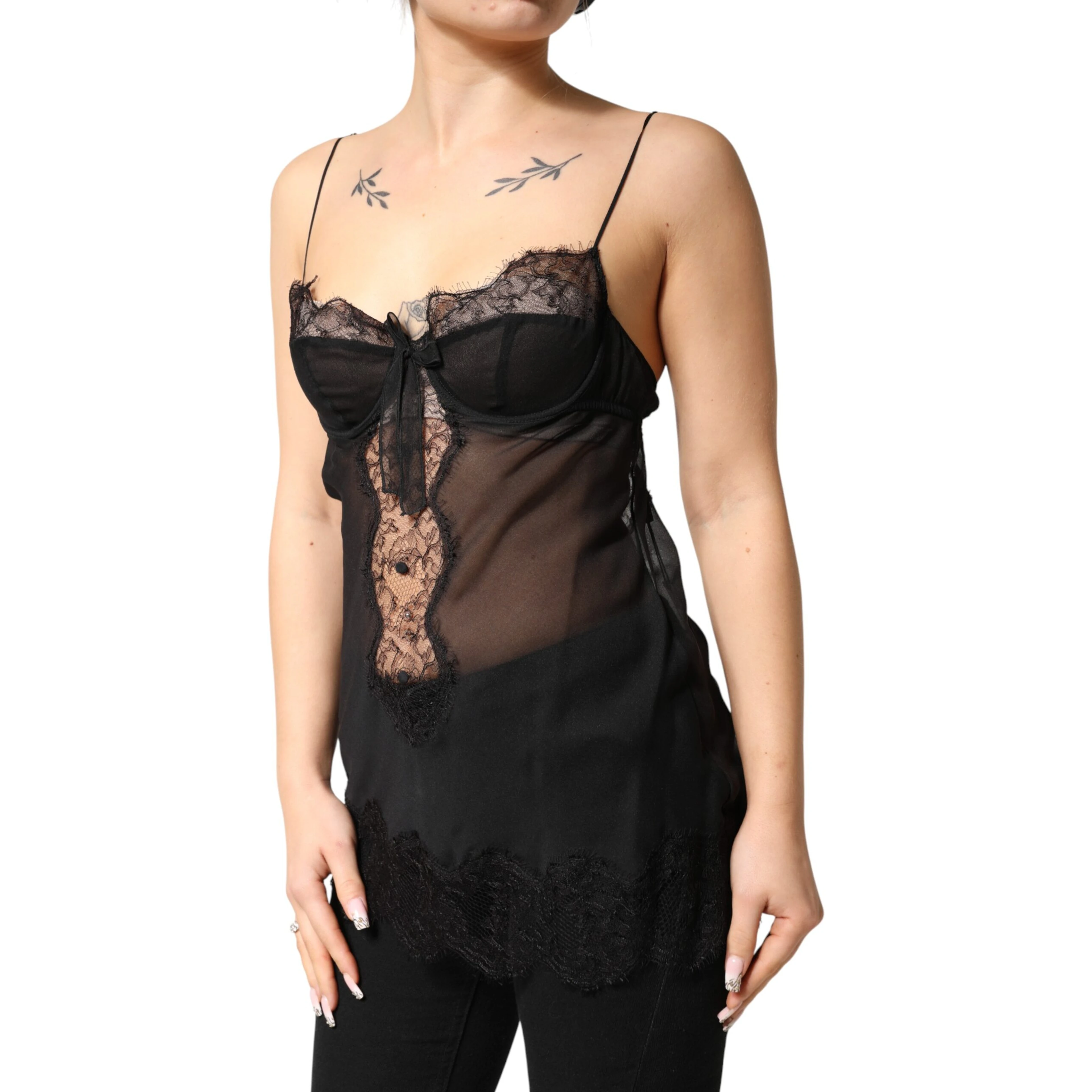 Black Silk Floral Lace Chemise Lingerie Top