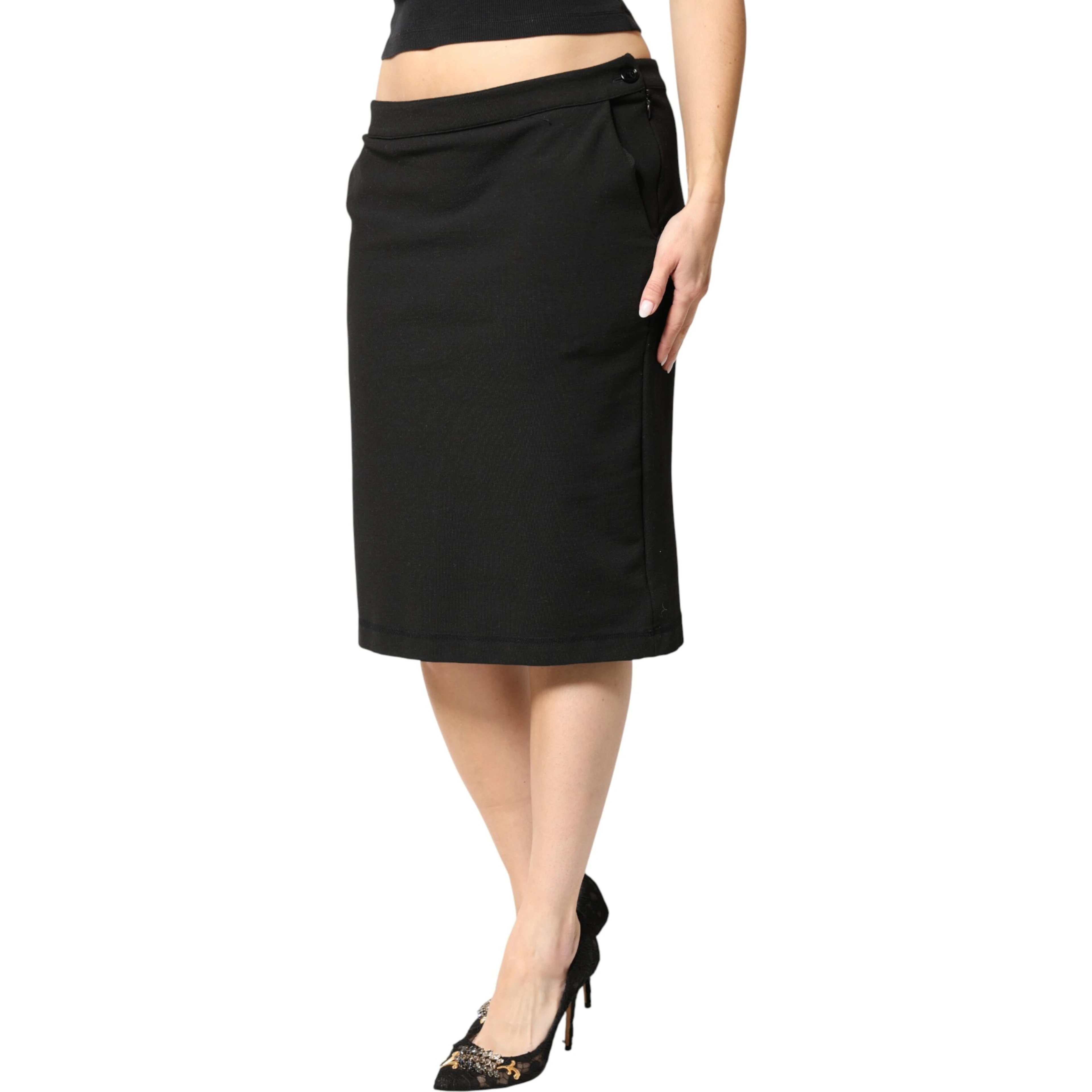 Black Polyester Pencil Cut Knee Length Women Skirt
