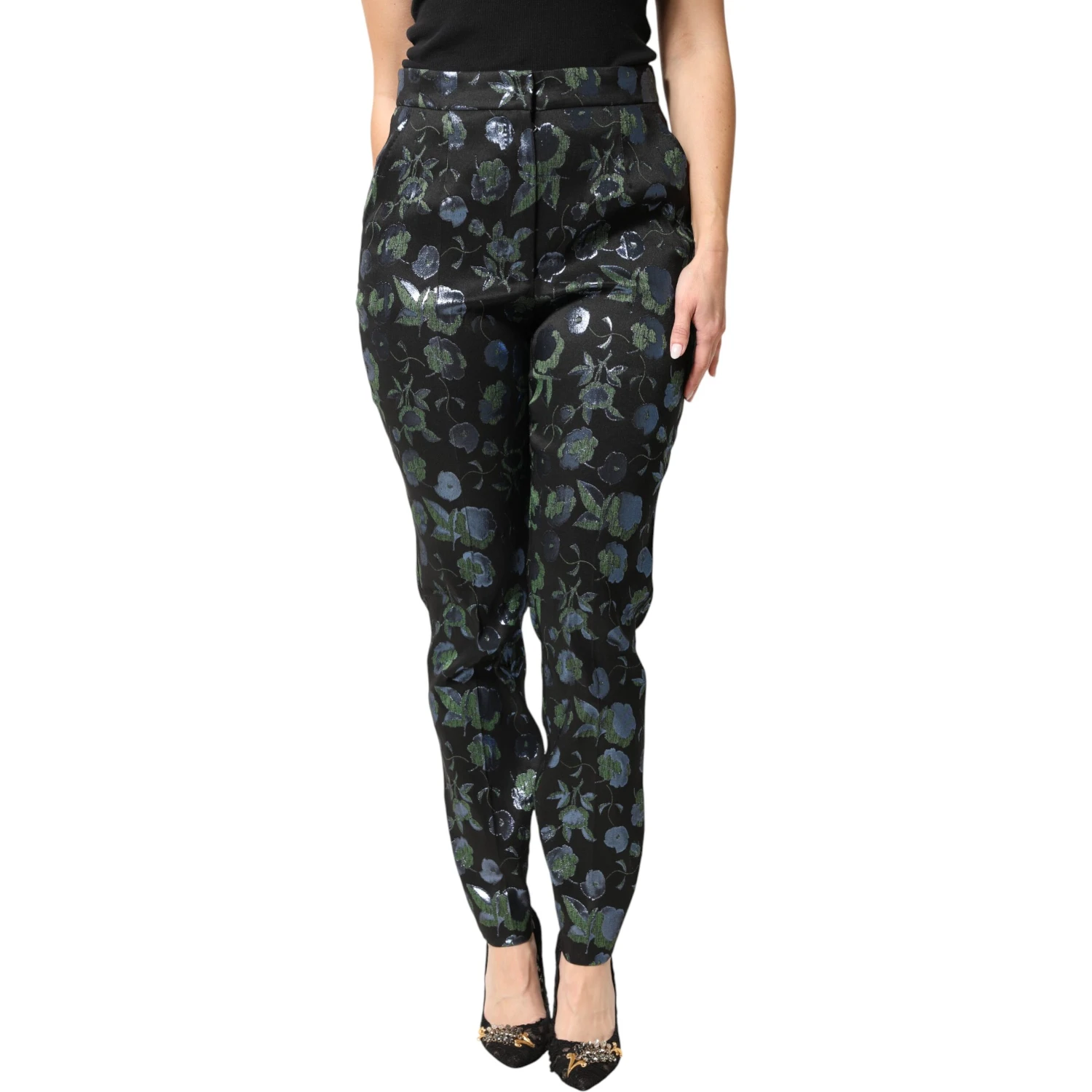 BlueGreen Floral Metallic Slim Trouser Pants