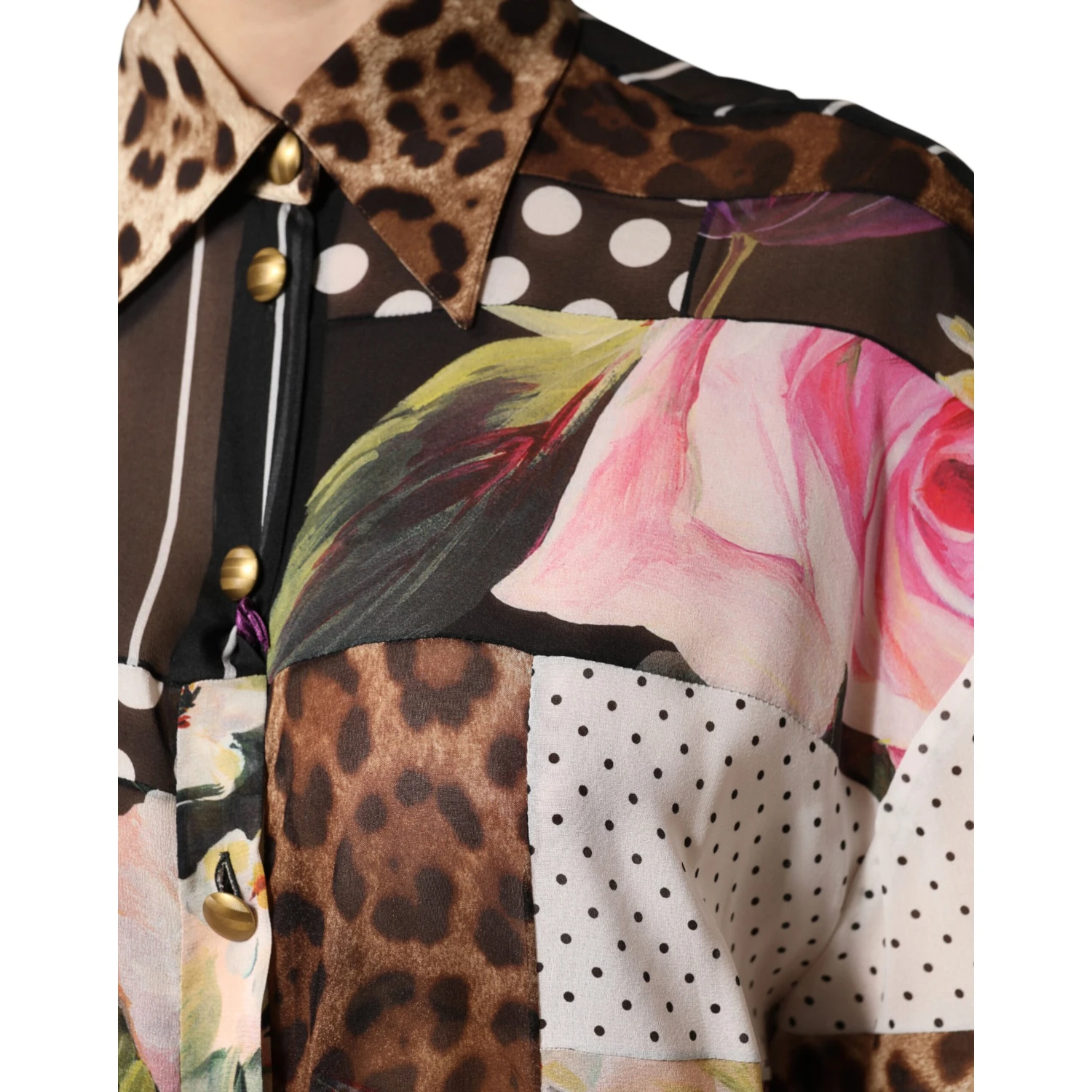 Multicolor Patchwork Silk CollaredBlouse Top