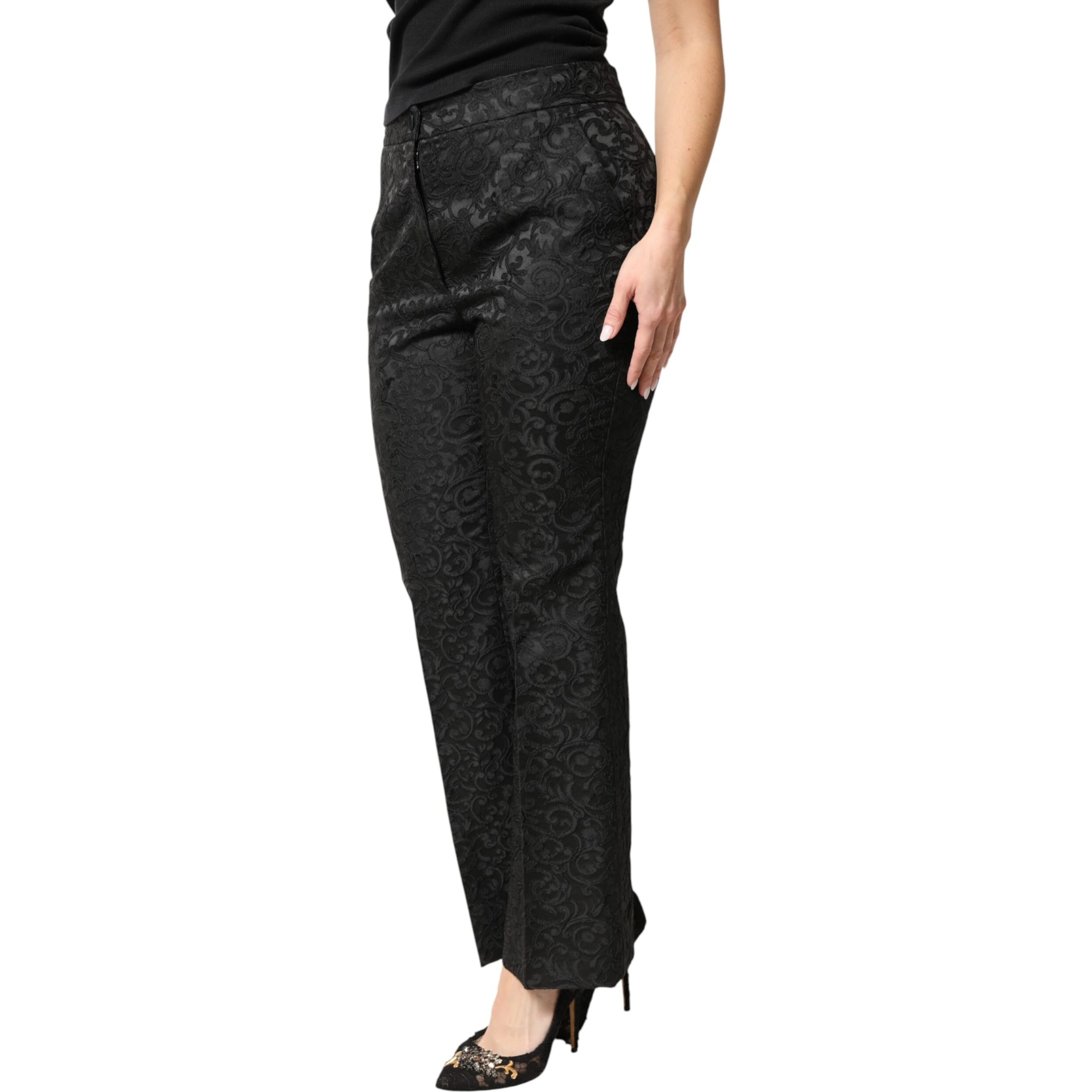 Black Floral Brocade High Waisted Trouser Pants