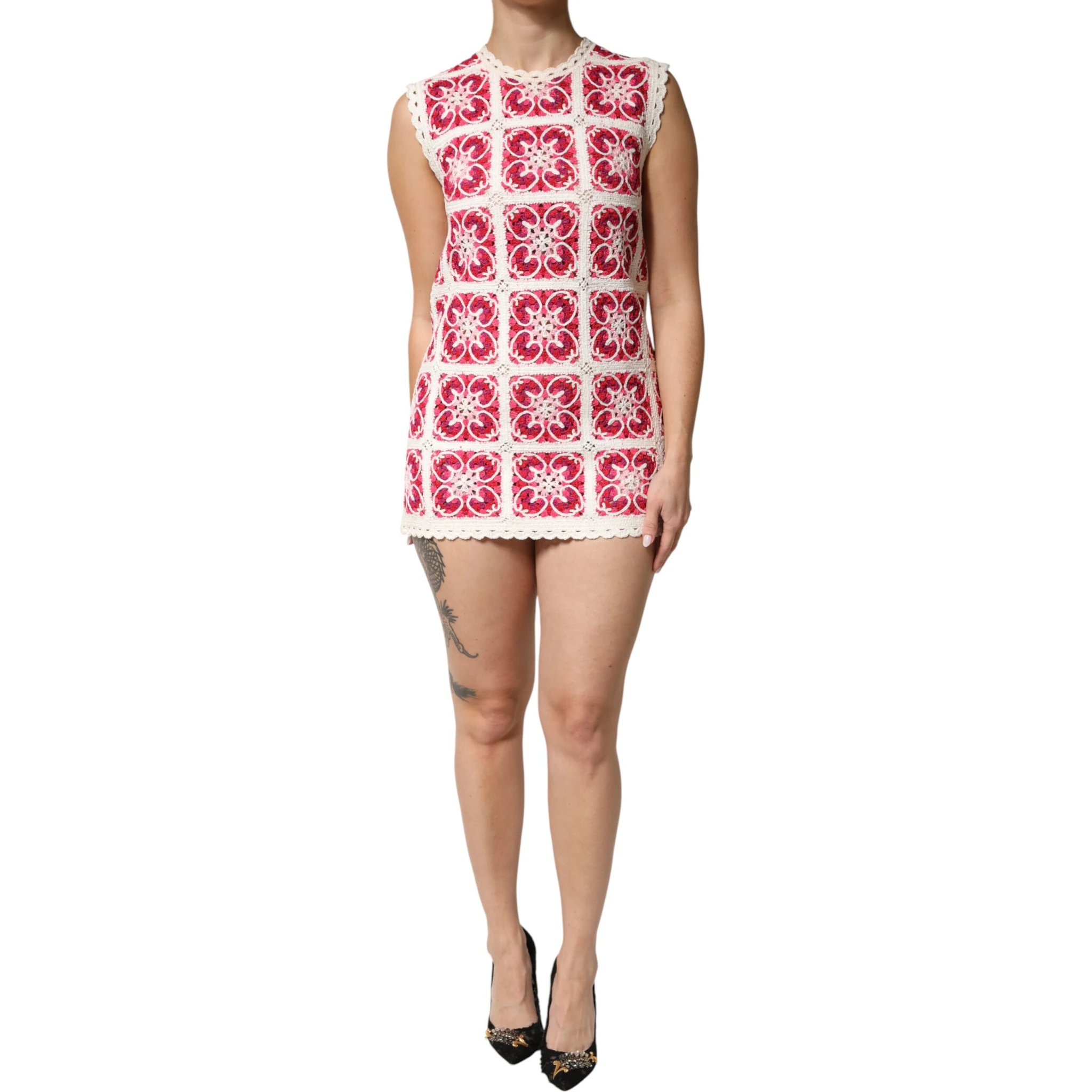 Multicolor Brick Stitched Crochet Mini Dress