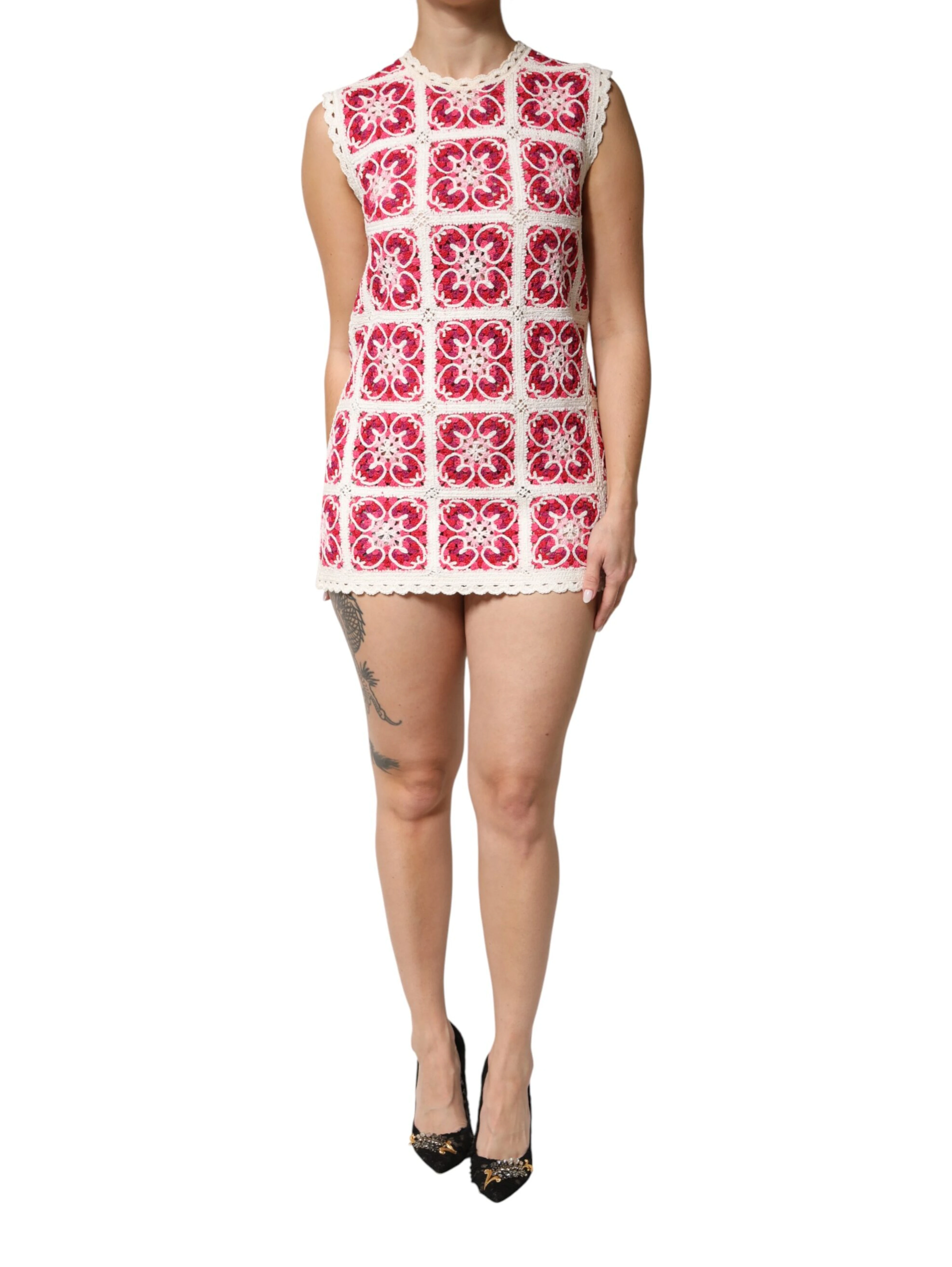 Multicolor Brick Stitched Crochet Mini Dress