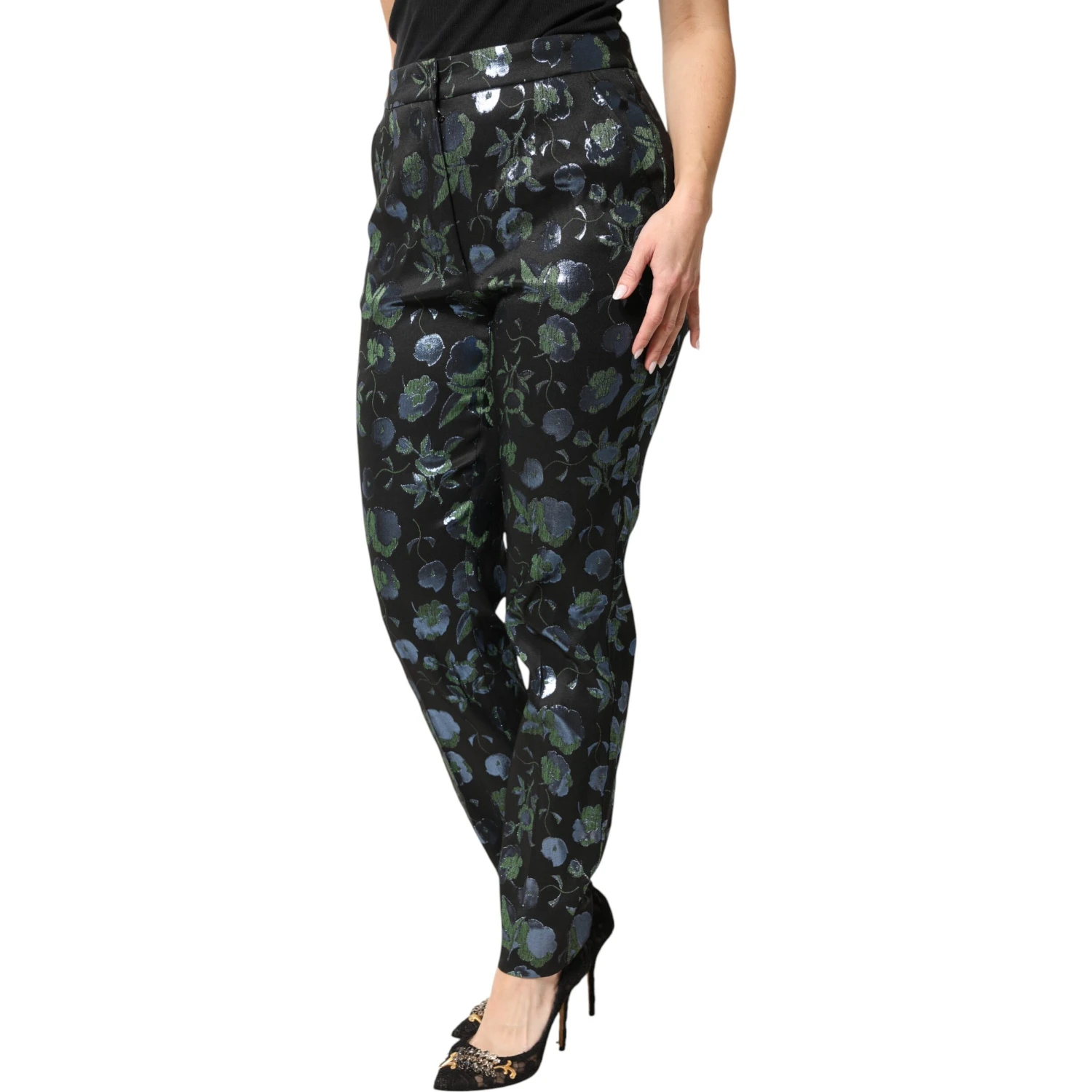 BlueGreen Floral Metallic Slim Trouser Pants