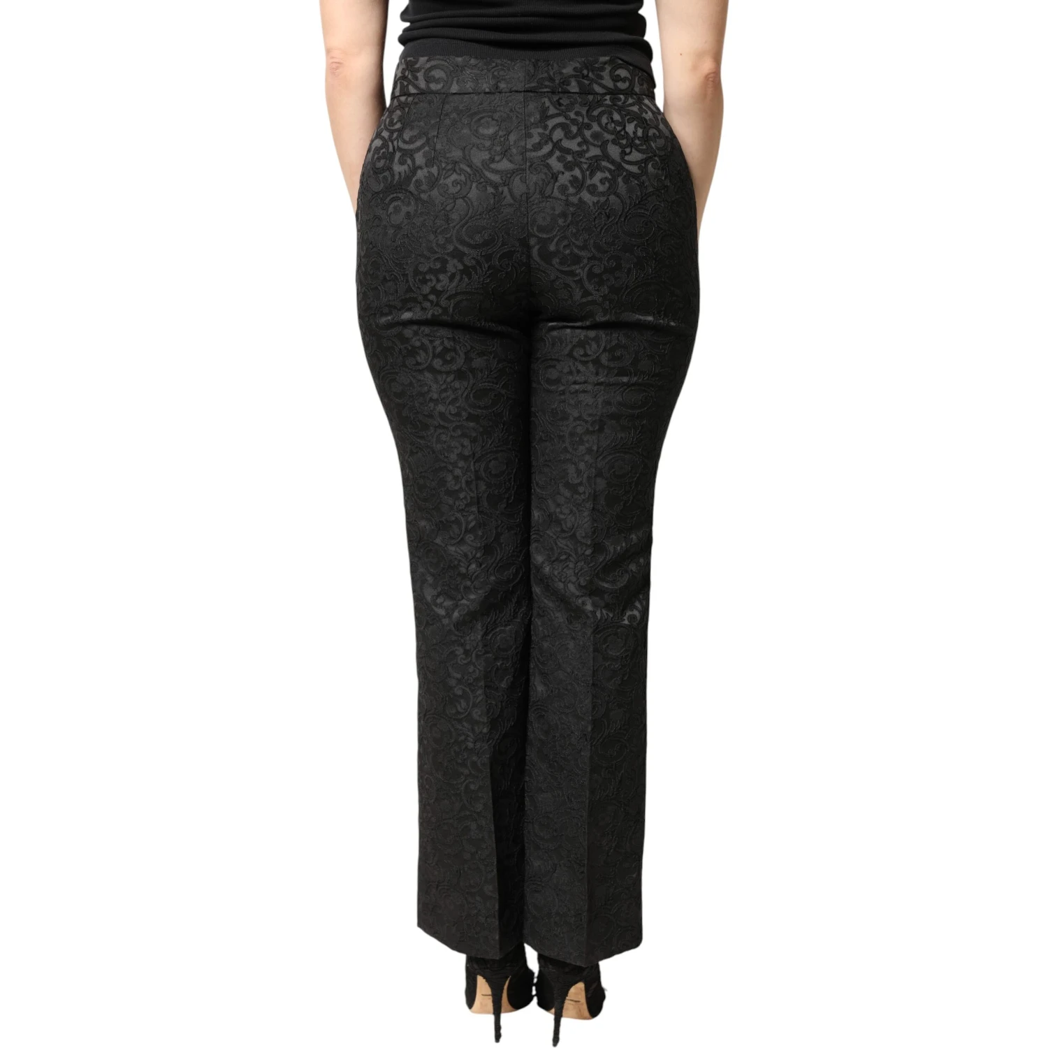 Black Floral Brocade High Waisted Trouser Pants