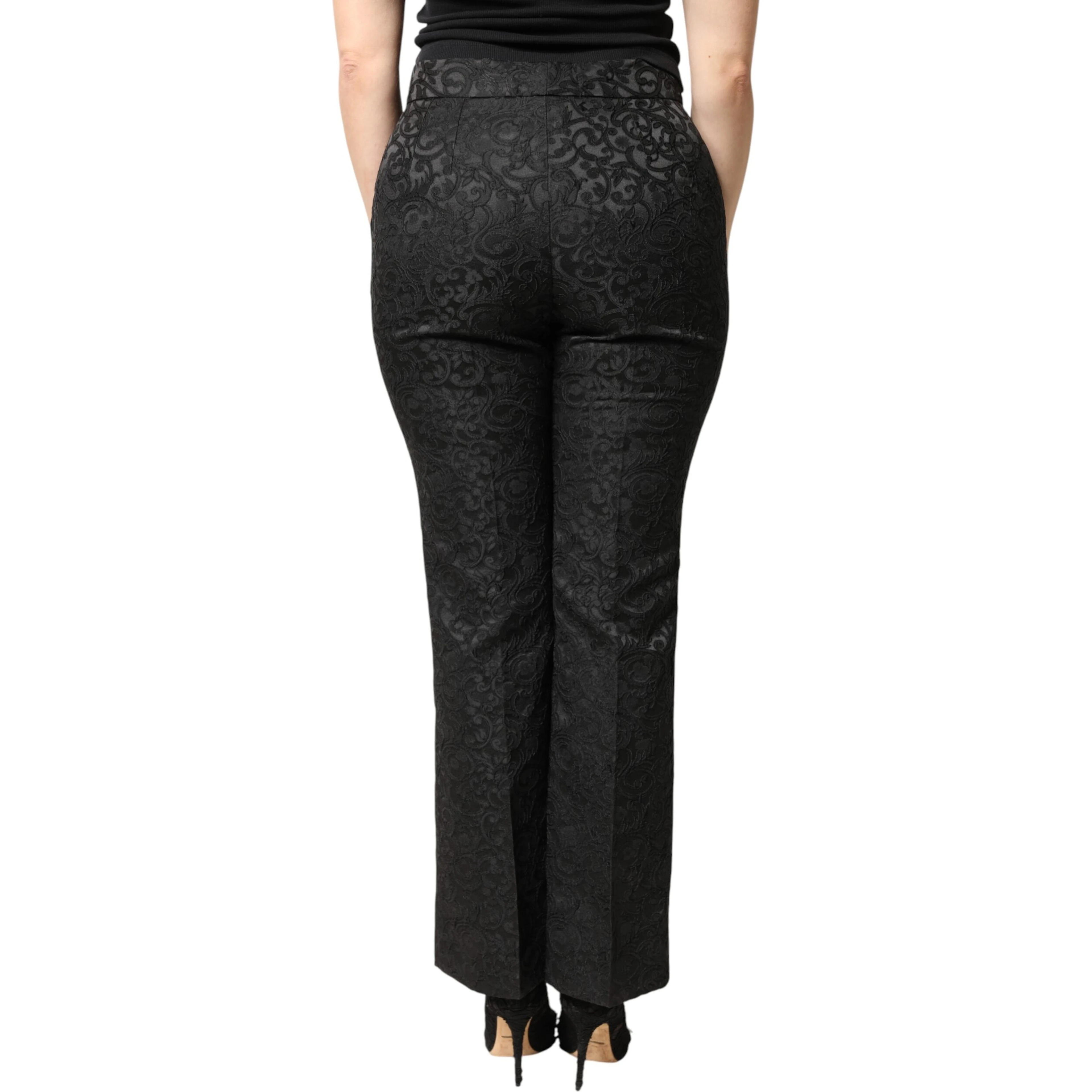 Black Floral Brocade High Waisted Trouser Pants