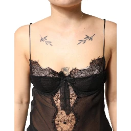 Black Silk Floral Lace Chemise Lingerie Top