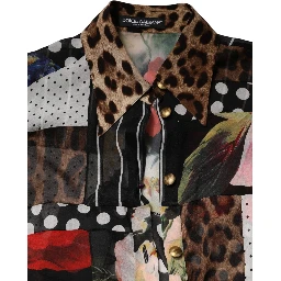 Multicolor Patchwork Silk CollaredBlouse Top