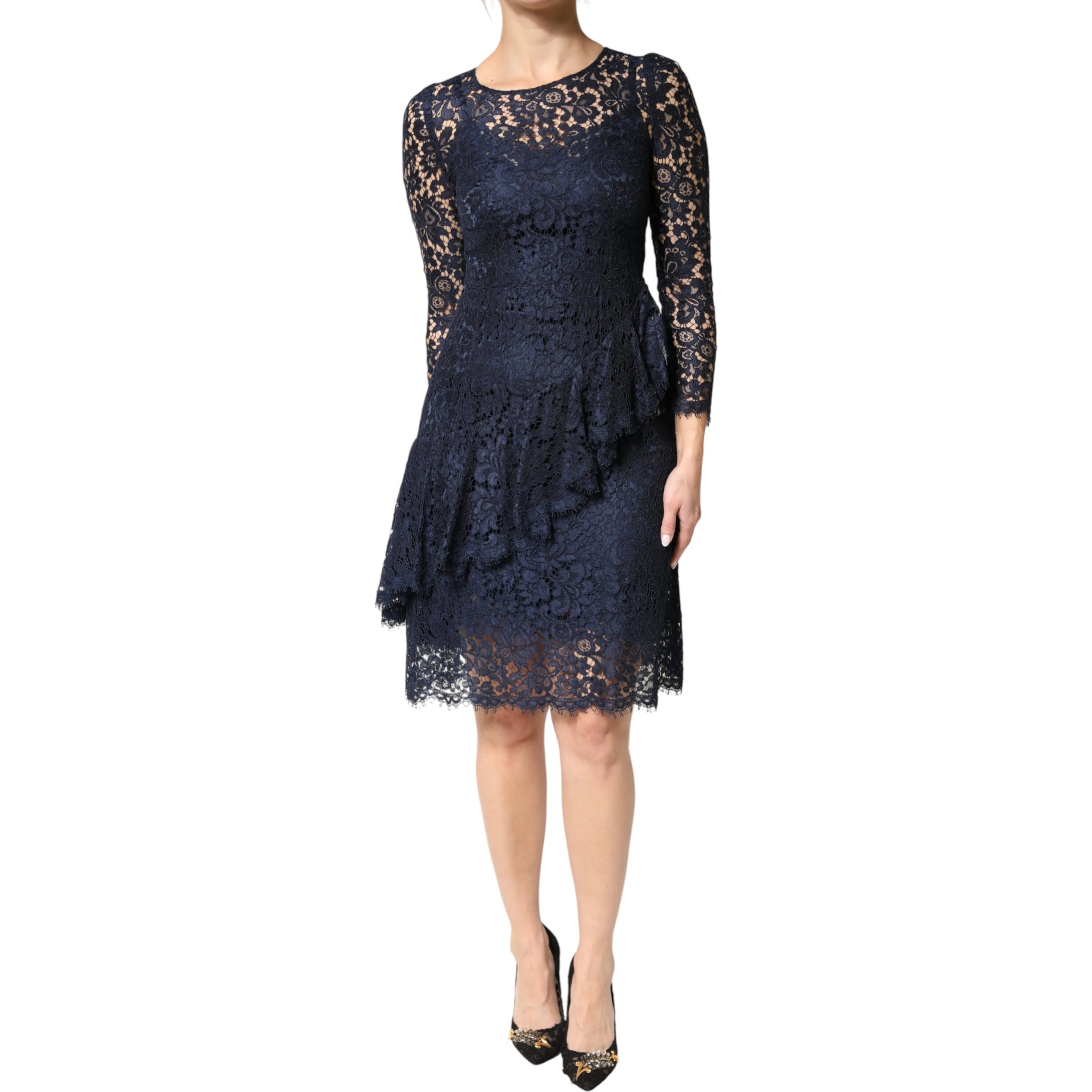Blue Lace Ruffle A-line Knee Length Dress