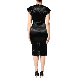 Black Satin Sheath Midi Cap Sleeves Dress