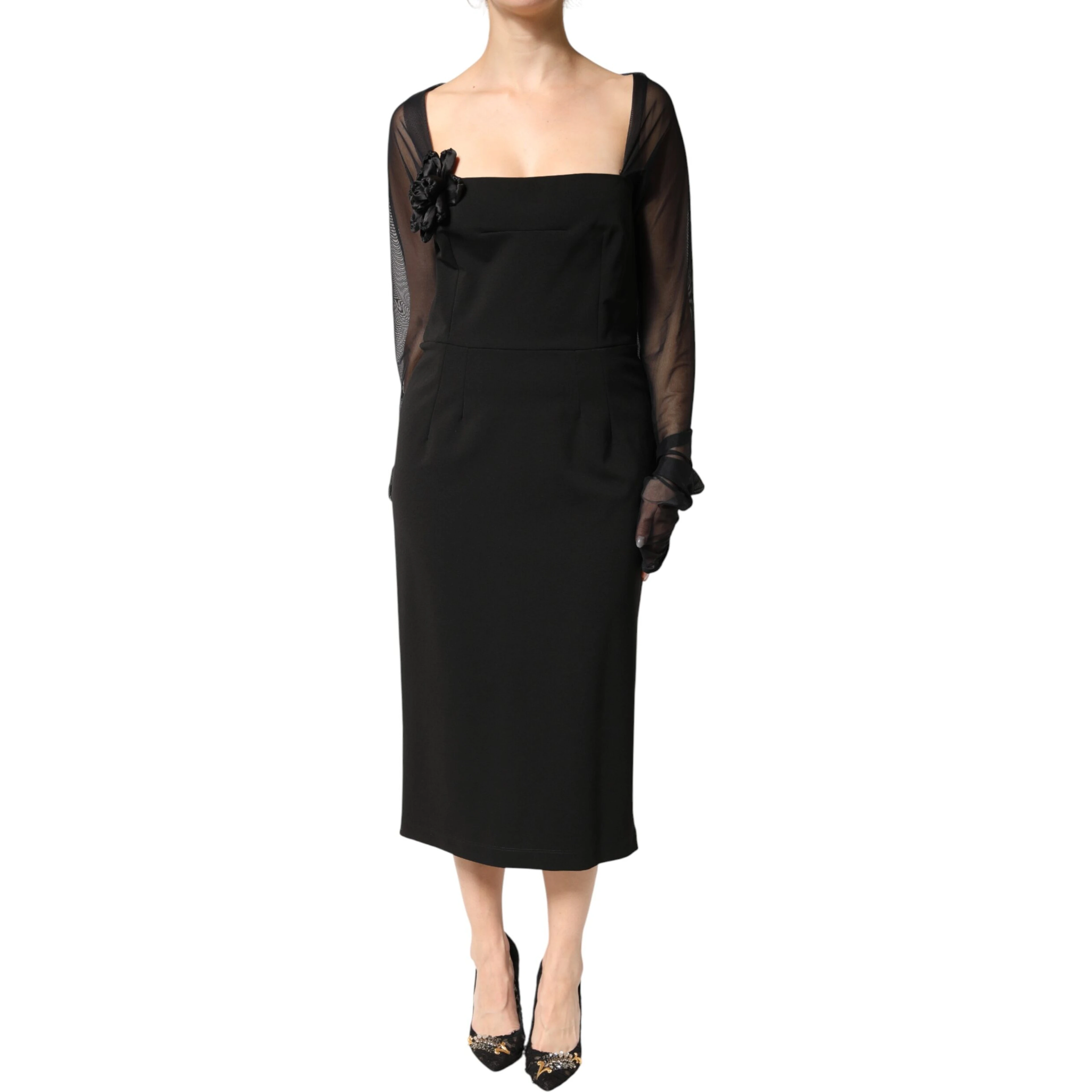 Black Sheer Yoke Rosette Sheath Midi Dress