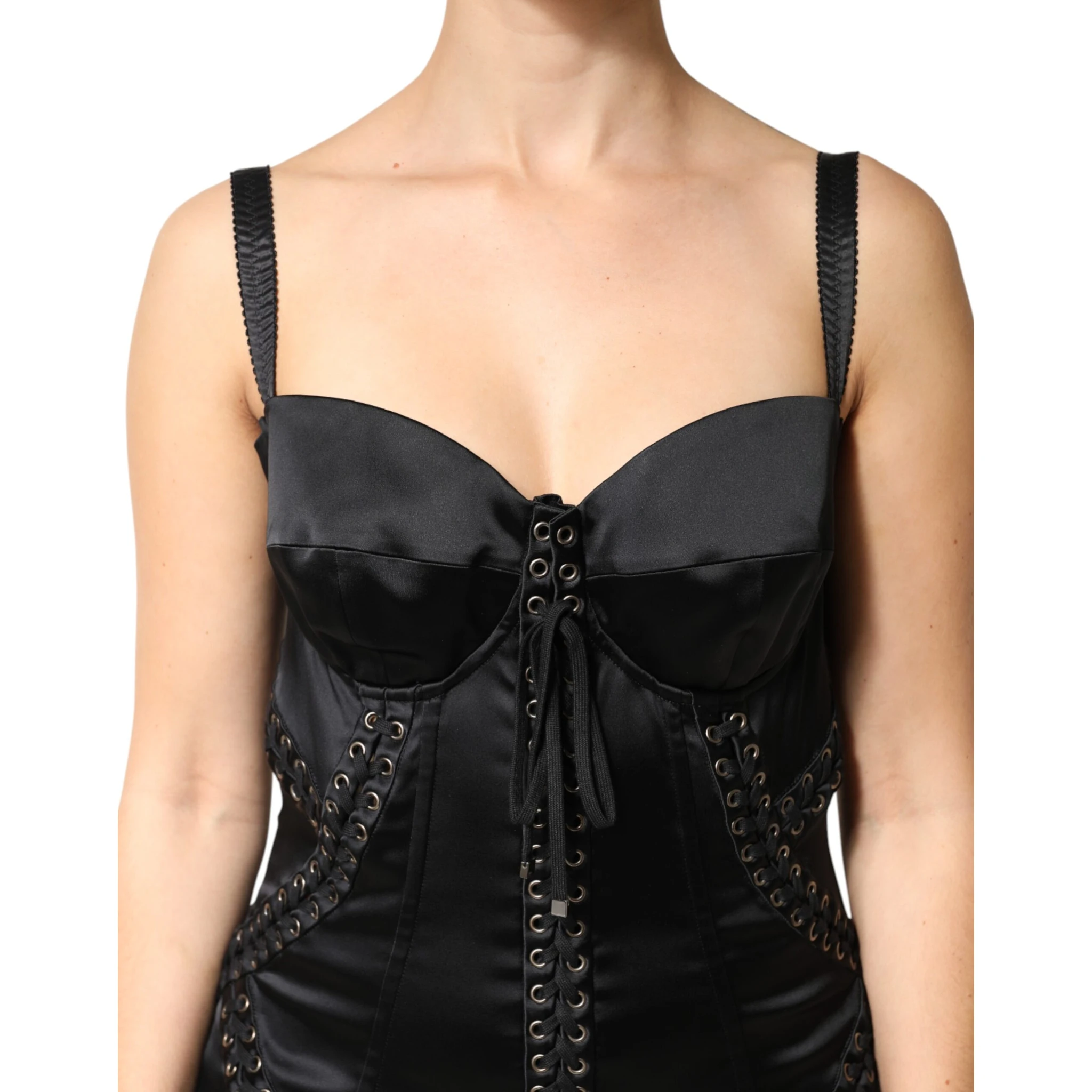 Black Satin Acetate Lace Eyelets Mini Dress