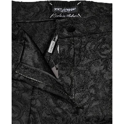 Black Floral Brocade High Waisted Trouser Pants