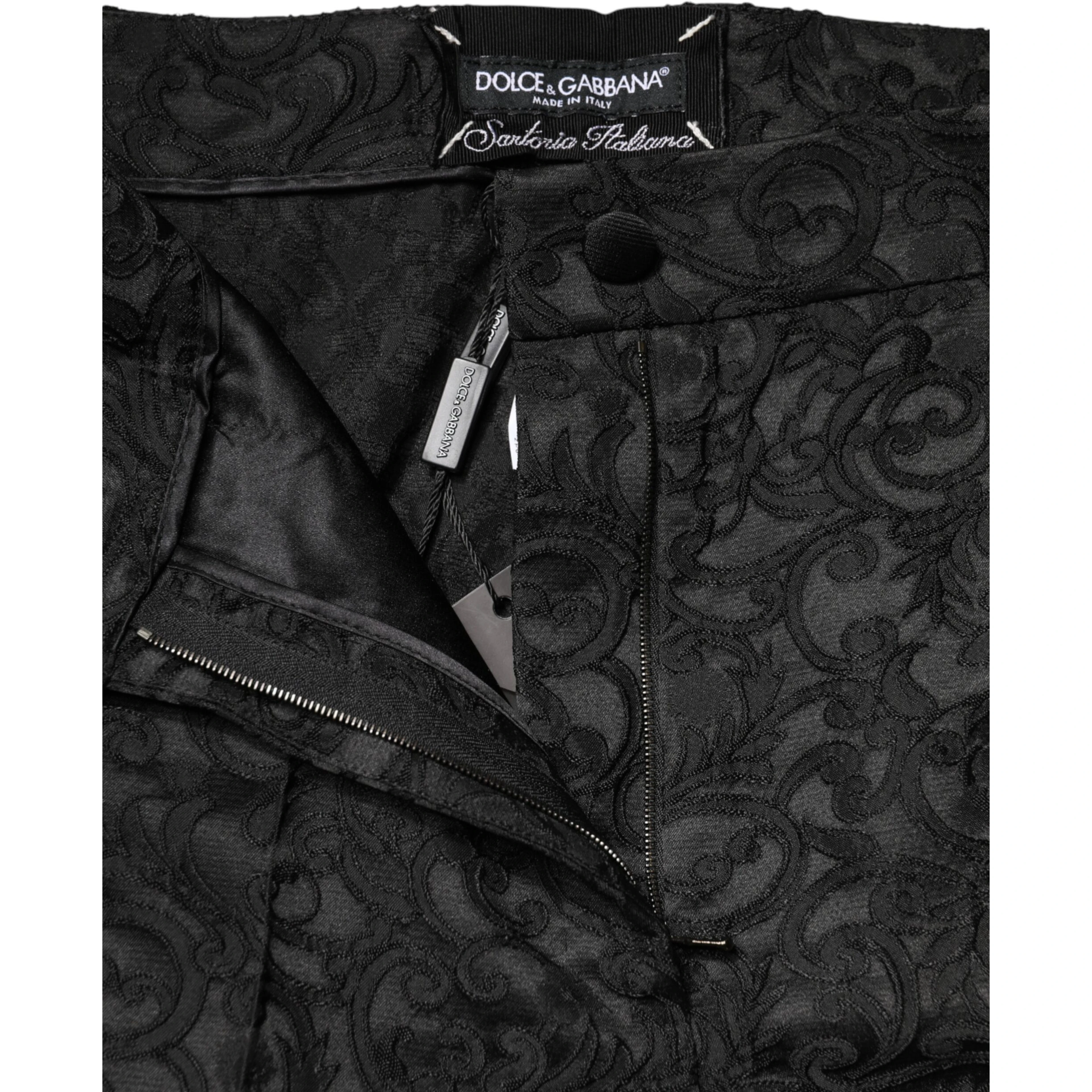 Black Floral Brocade High Waisted Trouser Pants
