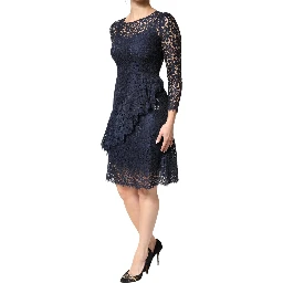 Blue Lace Ruffle A-line Knee Length Dress