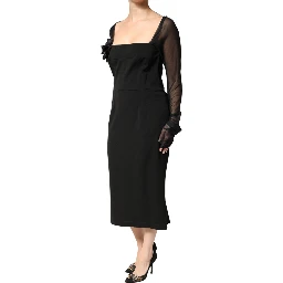 Black Sheer Yoke Rosette Sheath Midi Dress